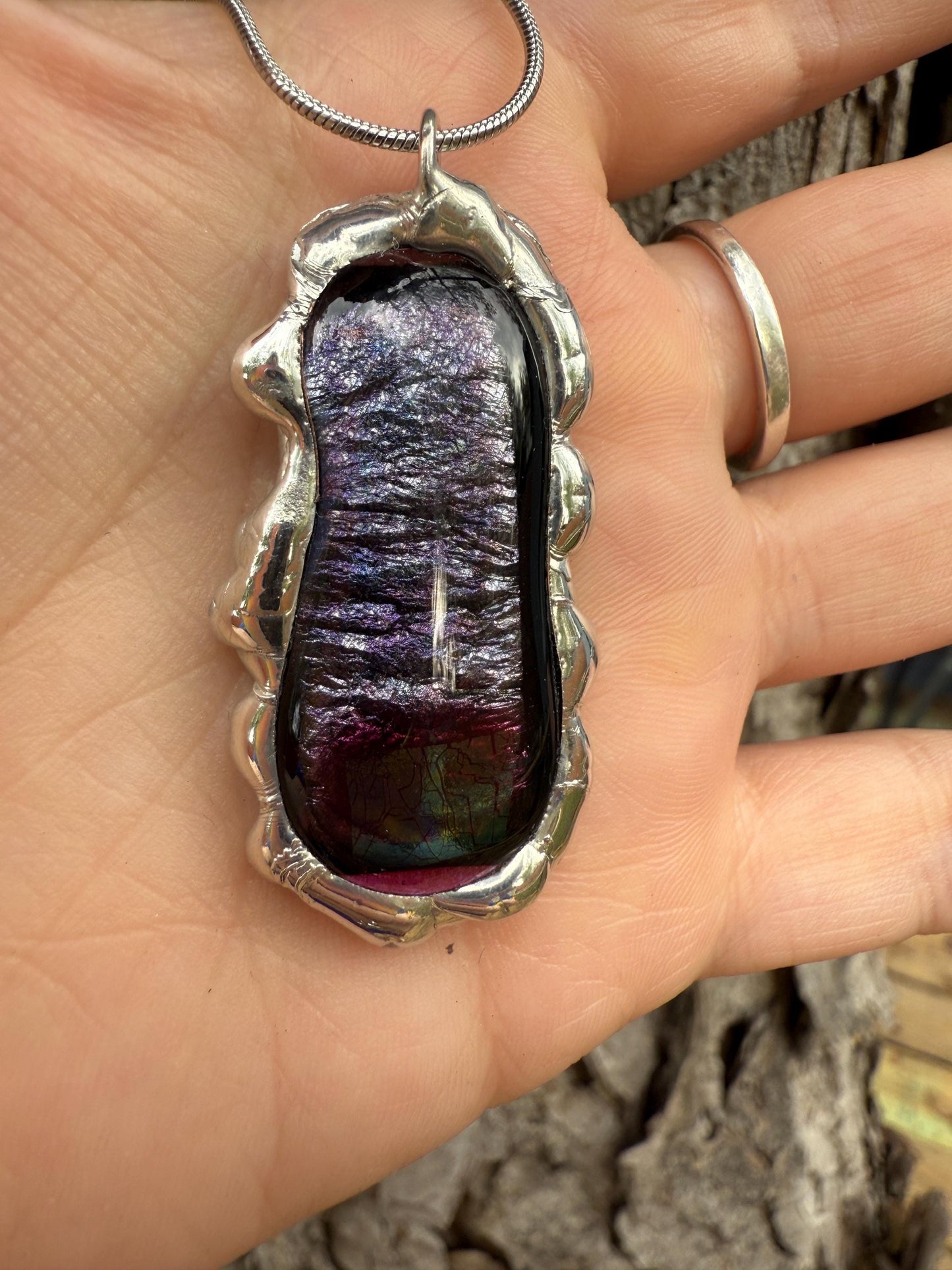 Purple Iridescent Fused Glass Pendant | Vaporwave Brutalist Handmade Wearable Art + Whimsigoth Fashion