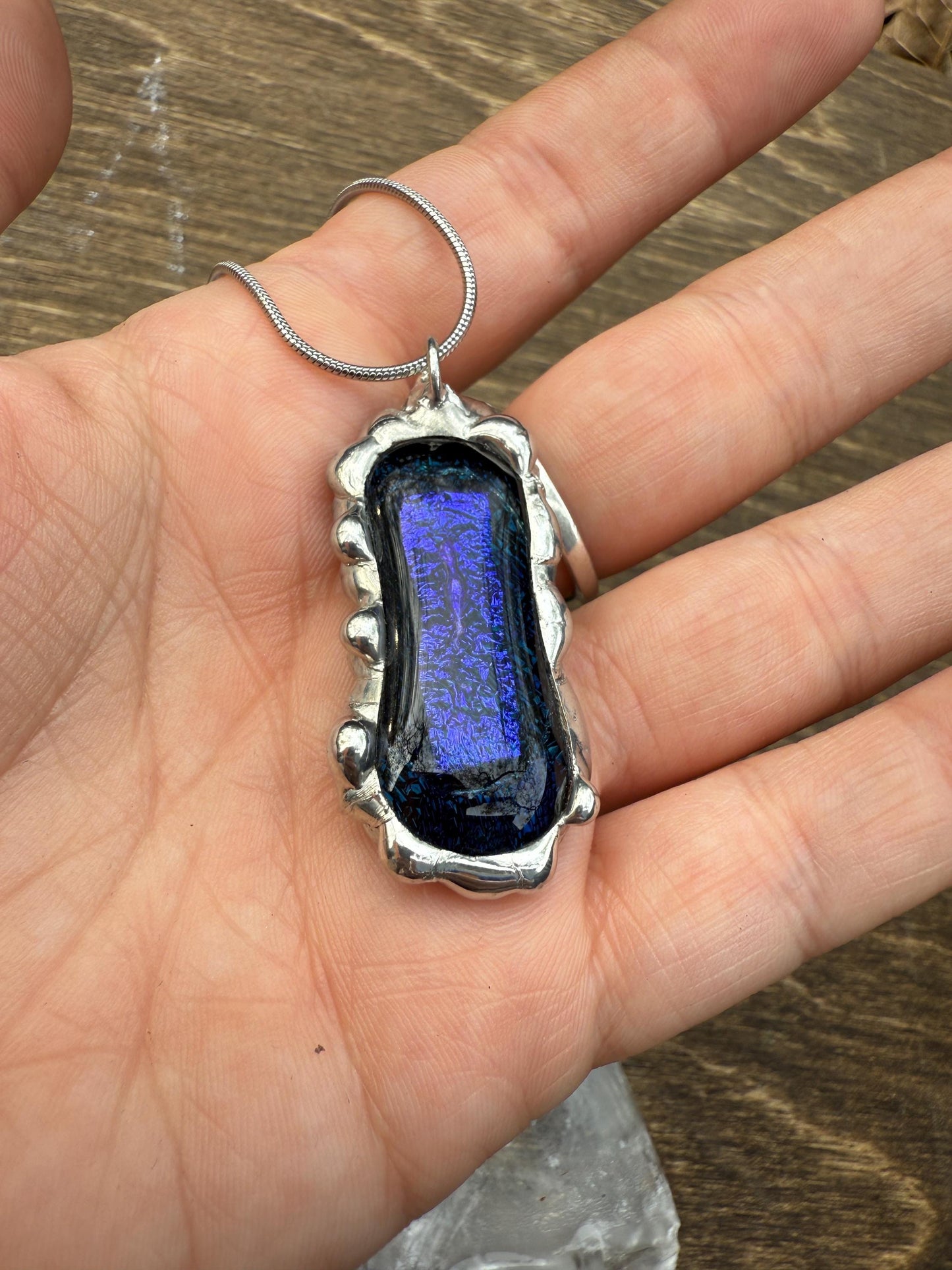 Cobalt Blue Iridescent Fused Glass Pendant | Vaporwave Brutalist Handmade Wearable Art + Whimsigoth Fashion