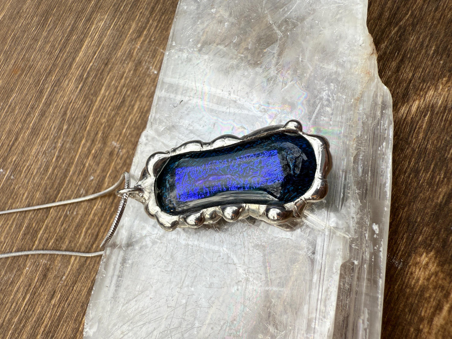 Cobalt Blue Iridescent Fused Glass Pendant | Vaporwave Brutalist Handmade Wearable Art + Whimsigoth Fashion