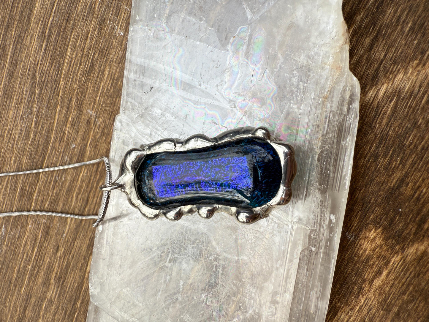 Cobalt Blue Iridescent Fused Glass Pendant | Vaporwave Brutalist Handmade Wearable Art + Whimsigoth Fashion