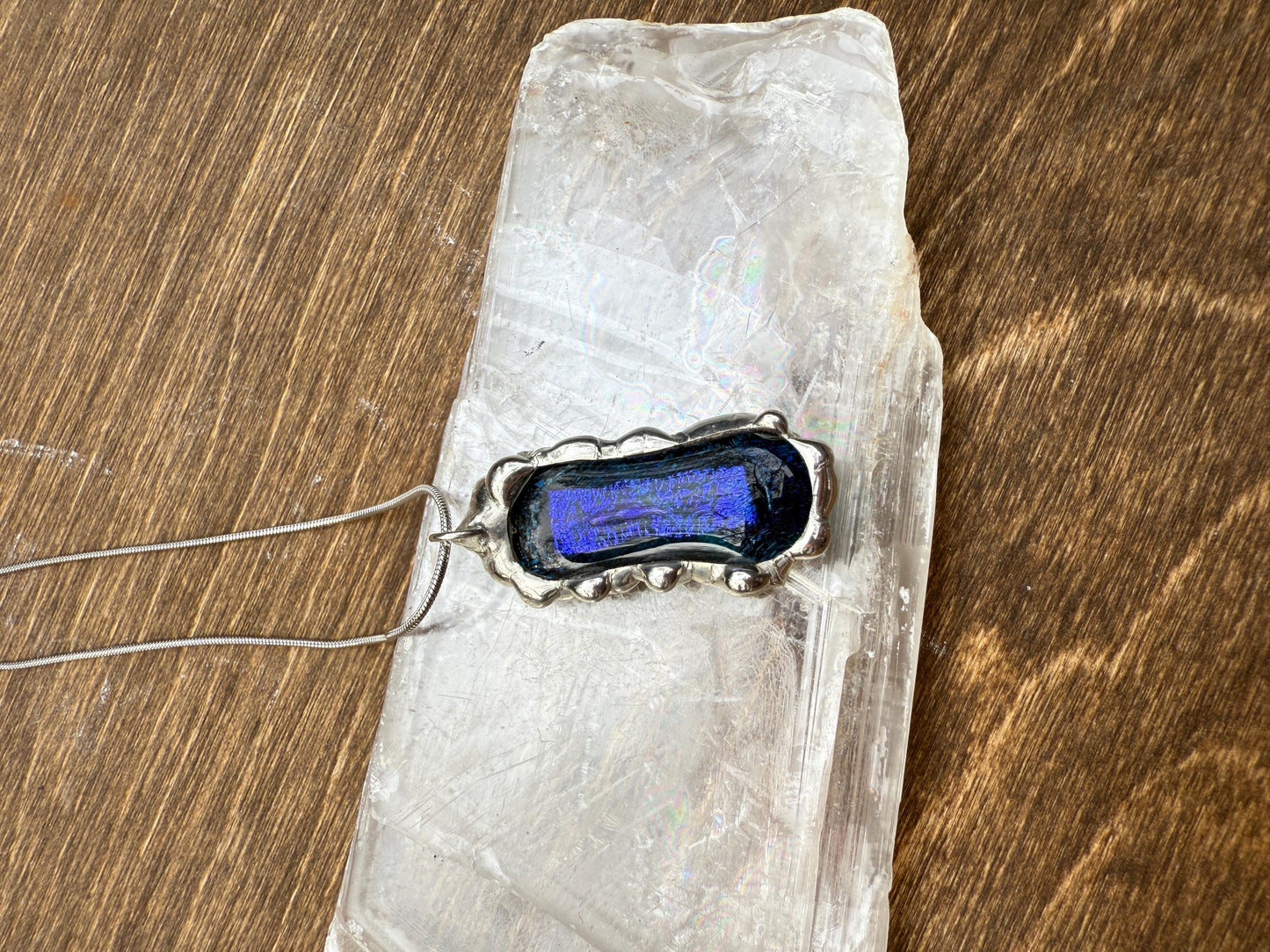 Cobalt Blue Iridescent Fused Glass Pendant | Vaporwave Brutalist Handmade Wearable Art + Whimsigoth Fashion