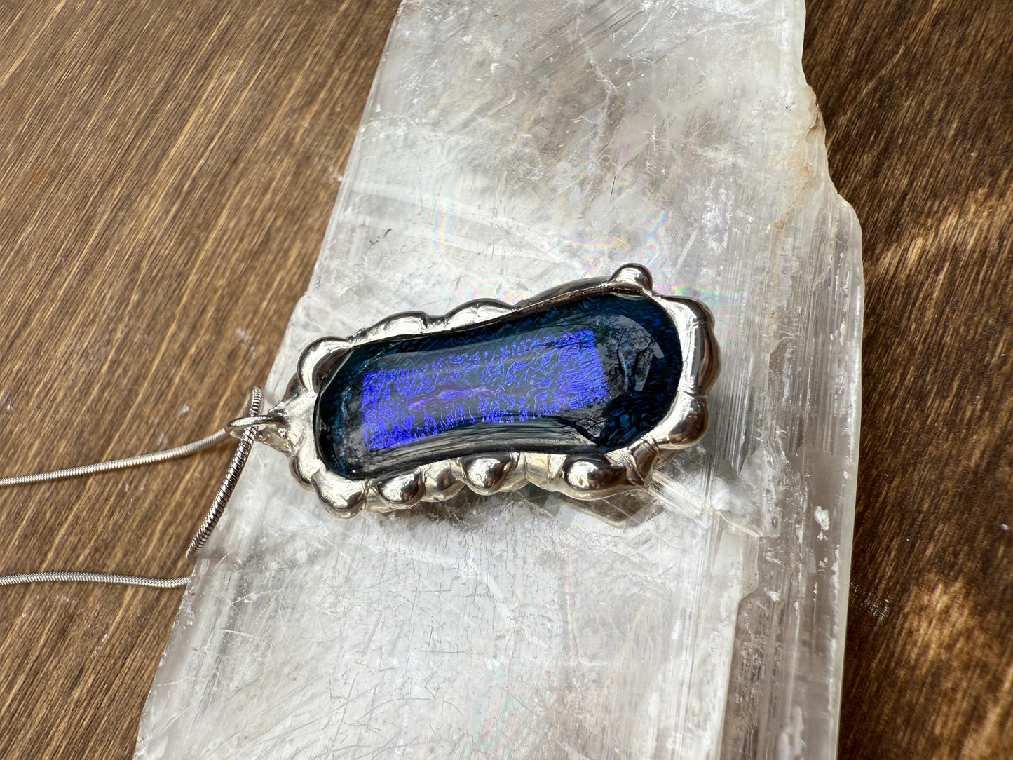 Cobalt Blue Iridescent Fused Glass Pendant | Vaporwave Brutalist Handmade Wearable Art + Whimsigoth Fashion