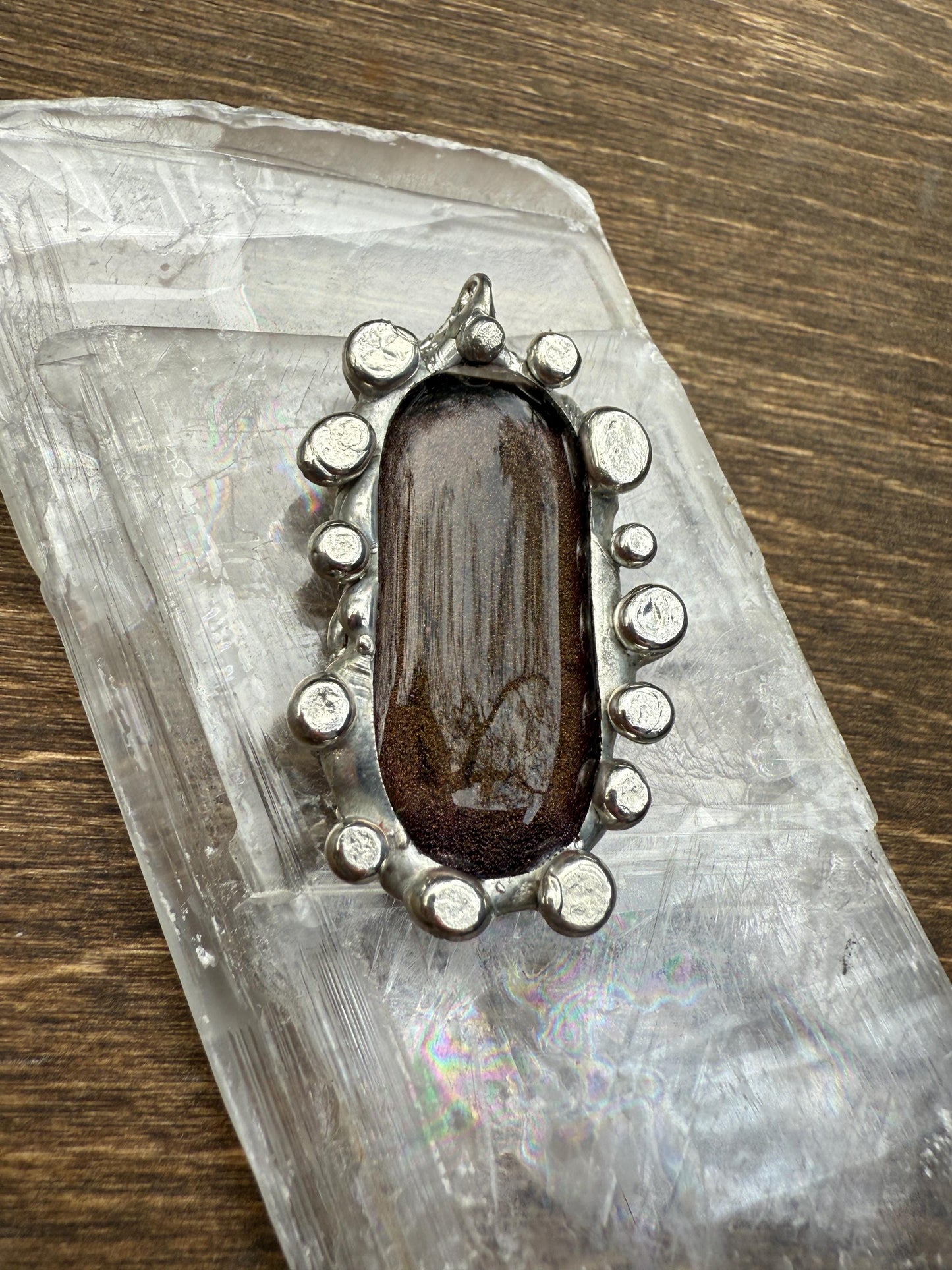 Bronze Gold Iridescent Fused Glass Pendant | Cyber Brutalist Handmade Wearable Art + Whimsigoth Fashion