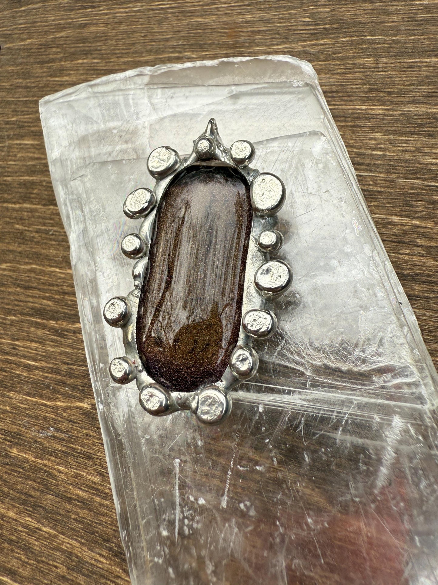 Bronze Gold Iridescent Fused Glass Pendant | Cyber Brutalist Handmade Wearable Art + Whimsigoth Fashion