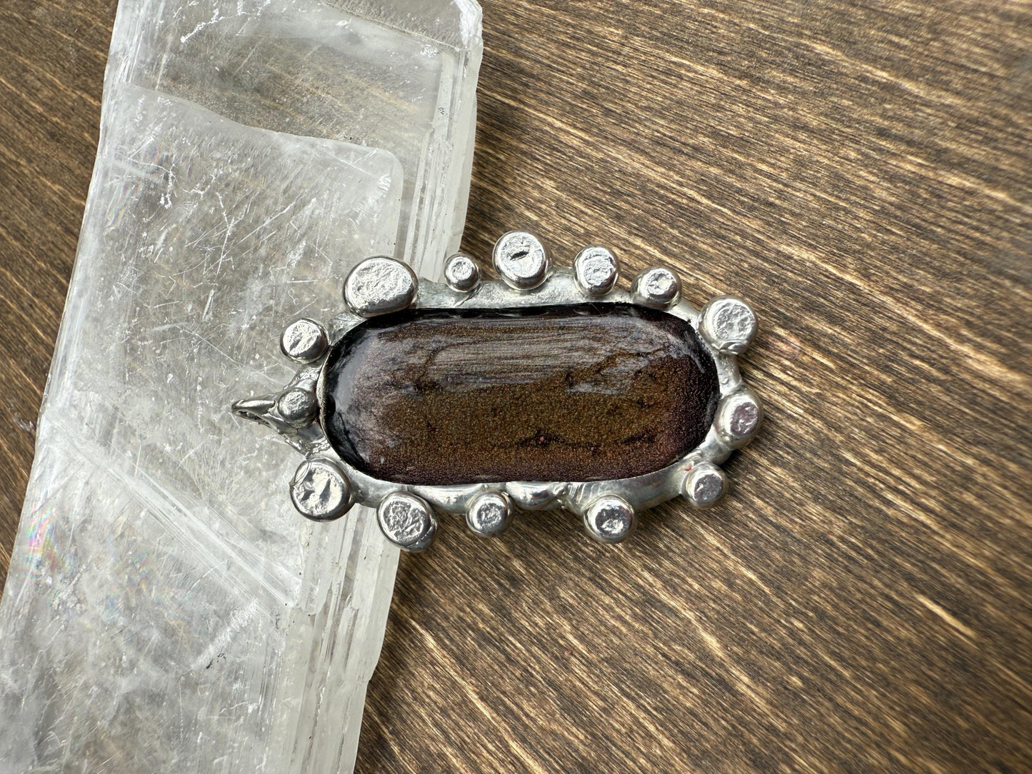 Bronze Gold Iridescent Fused Glass Pendant | Cyber Brutalist Handmade Wearable Art + Whimsigoth Fashion