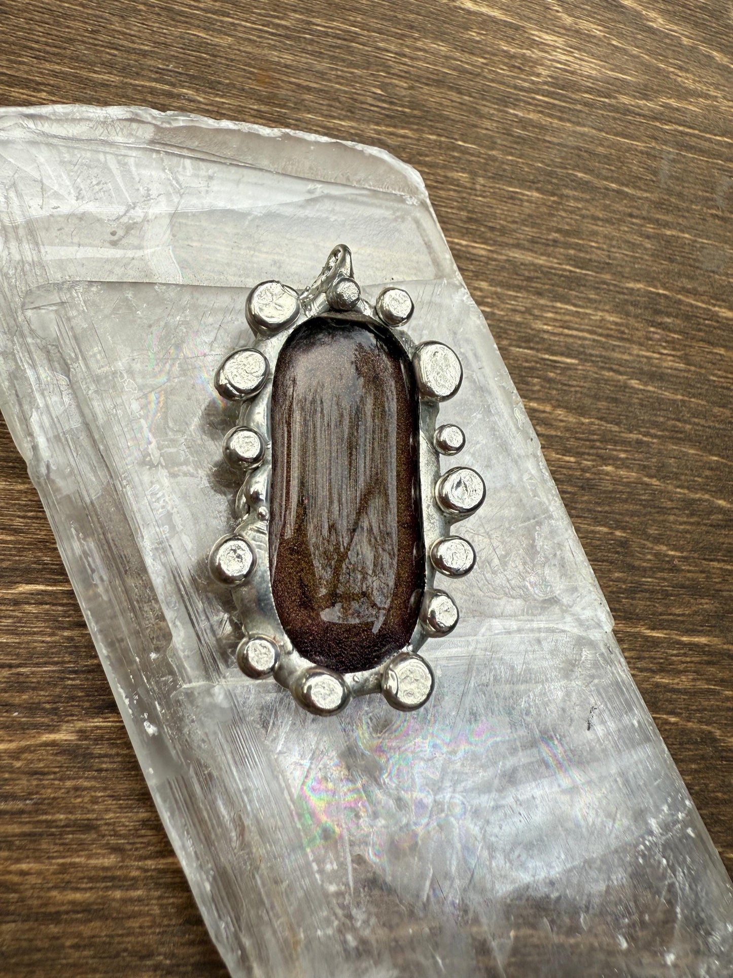 Bronze Gold Iridescent Fused Glass Pendant | Cyber Brutalist Handmade Wearable Art + Whimsigoth Fashion