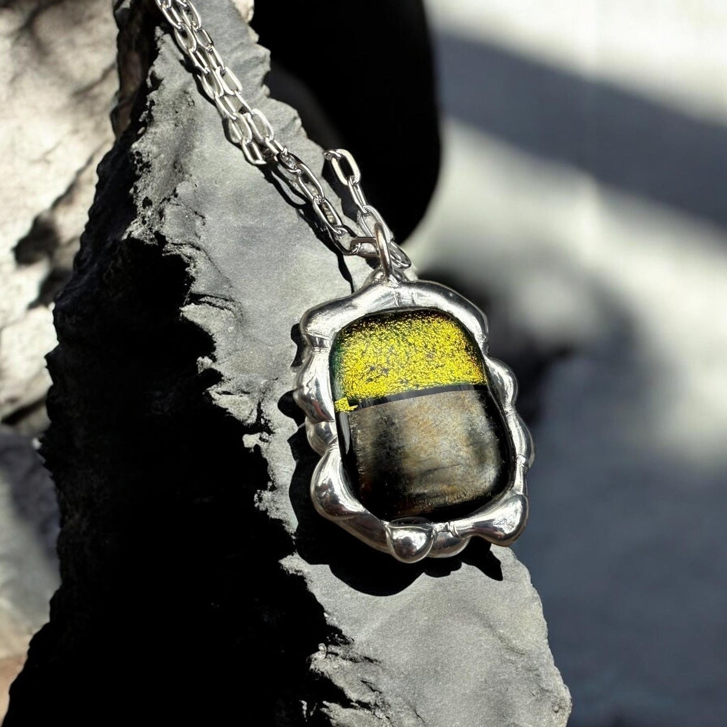 Neon Yellow Iridescent Fused Glass Pendant | Cyber Brutalist Handmade Wearable Art + Whimsigoth Fashion