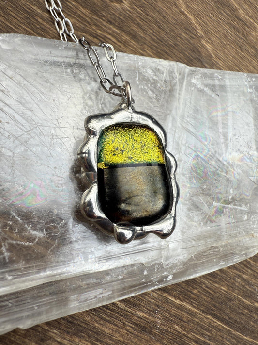 Neon Yellow Iridescent Fused Glass Pendant | Cyber Brutalist Handmade Wearable Art + Whimsigoth Fashion