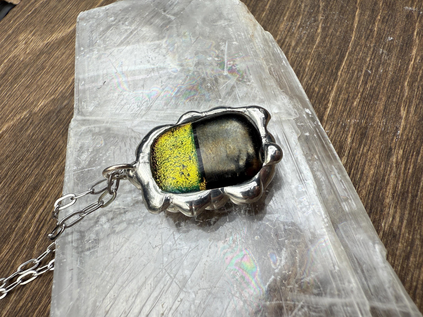 Neon Yellow Iridescent Fused Glass Pendant | Cyber Brutalist Handmade Wearable Art + Whimsigoth Fashion