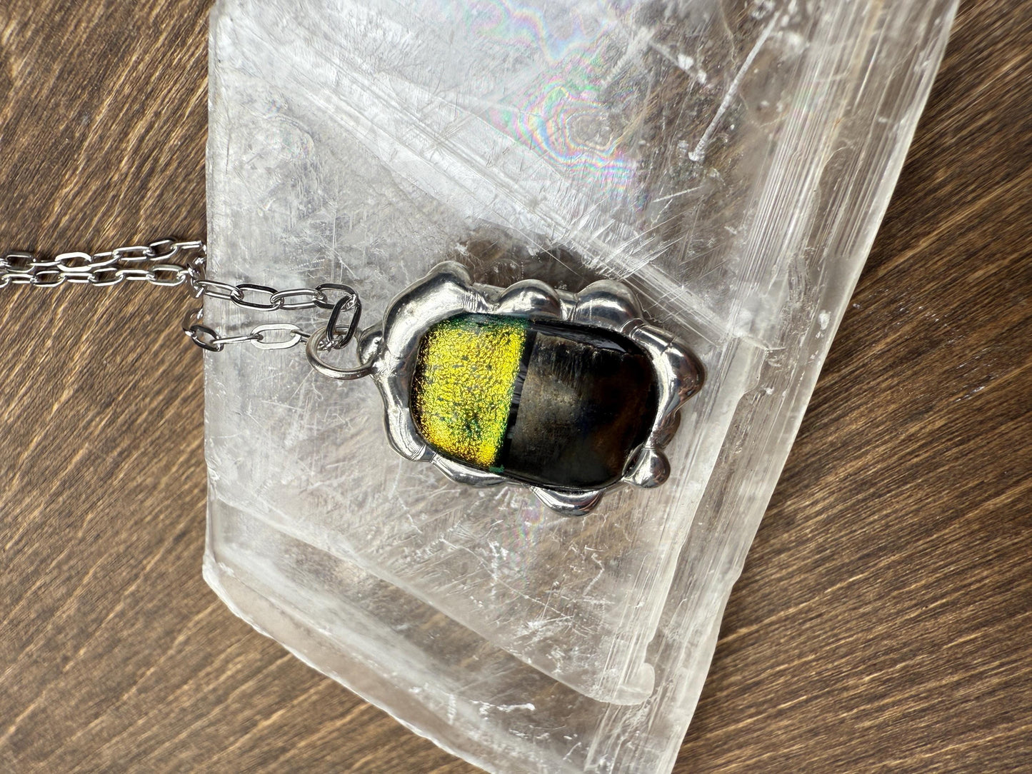 Neon Yellow Iridescent Fused Glass Pendant | Cyber Brutalist Handmade Wearable Art + Whimsigoth Fashion