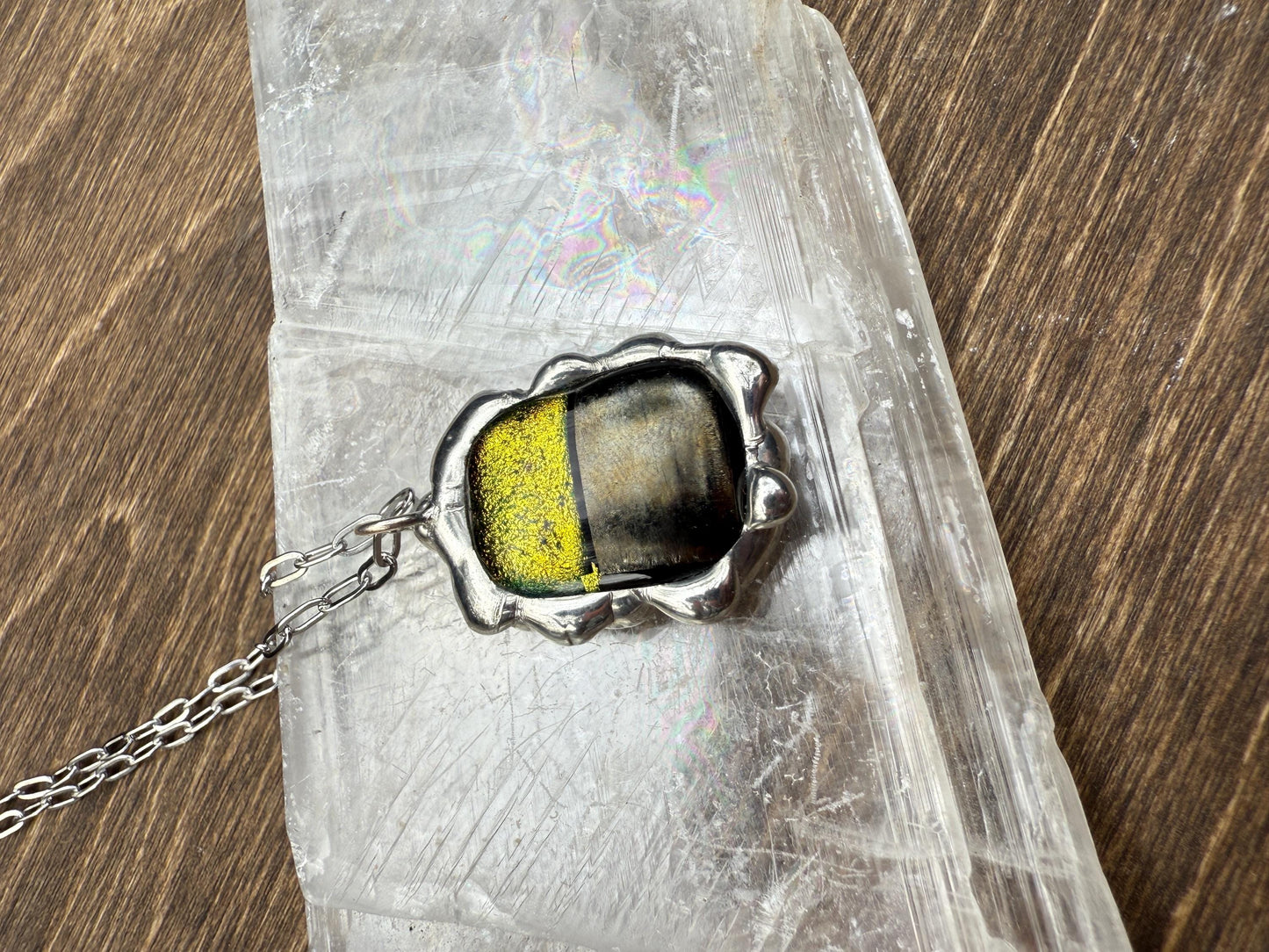 Neon Yellow Iridescent Fused Glass Pendant | Cyber Brutalist Handmade Wearable Art + Whimsigoth Fashion