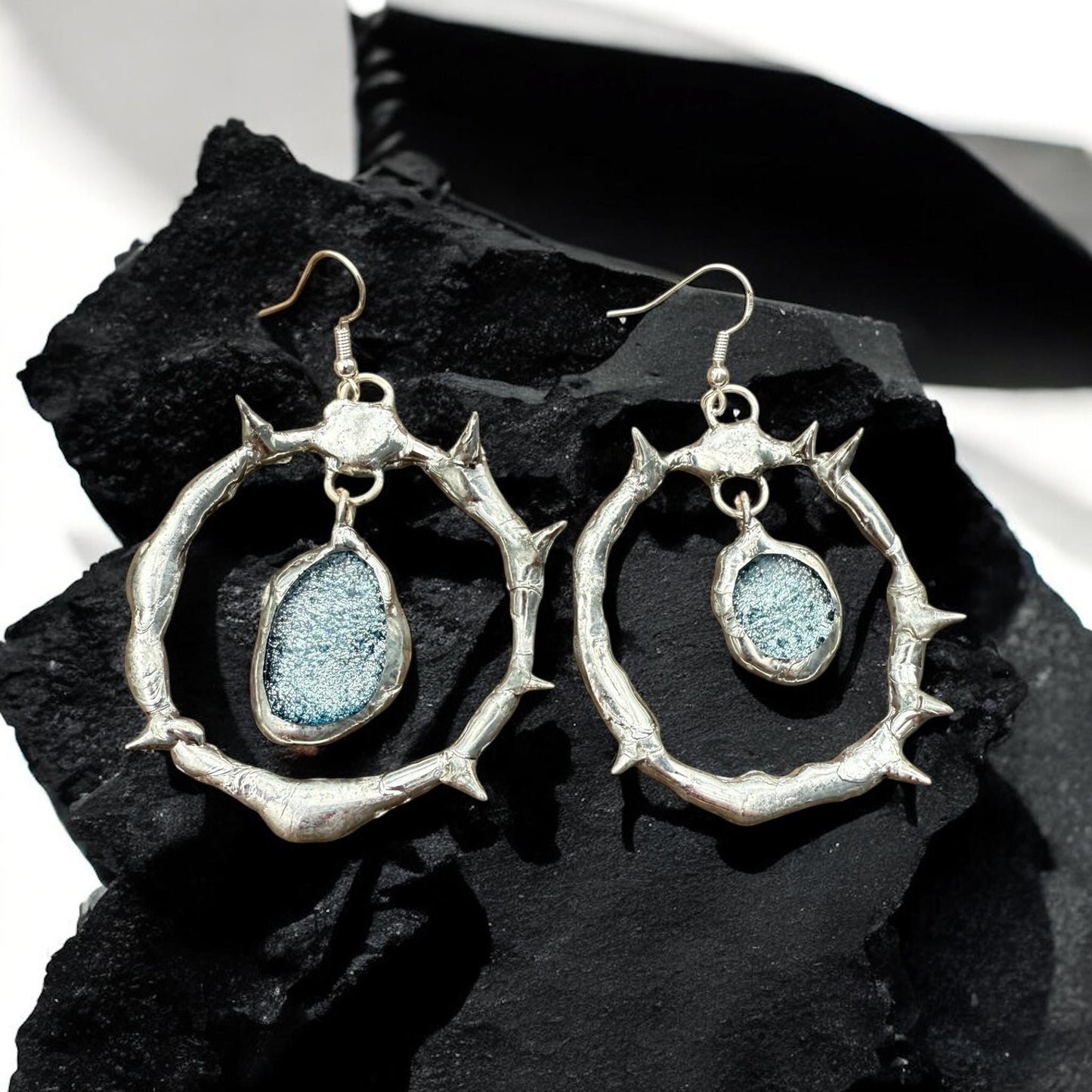 Spikey Silver Hoop Earrings w/ Gray Fused Glass | Goth Gemstone Soft Soldered Wearable Sculptures