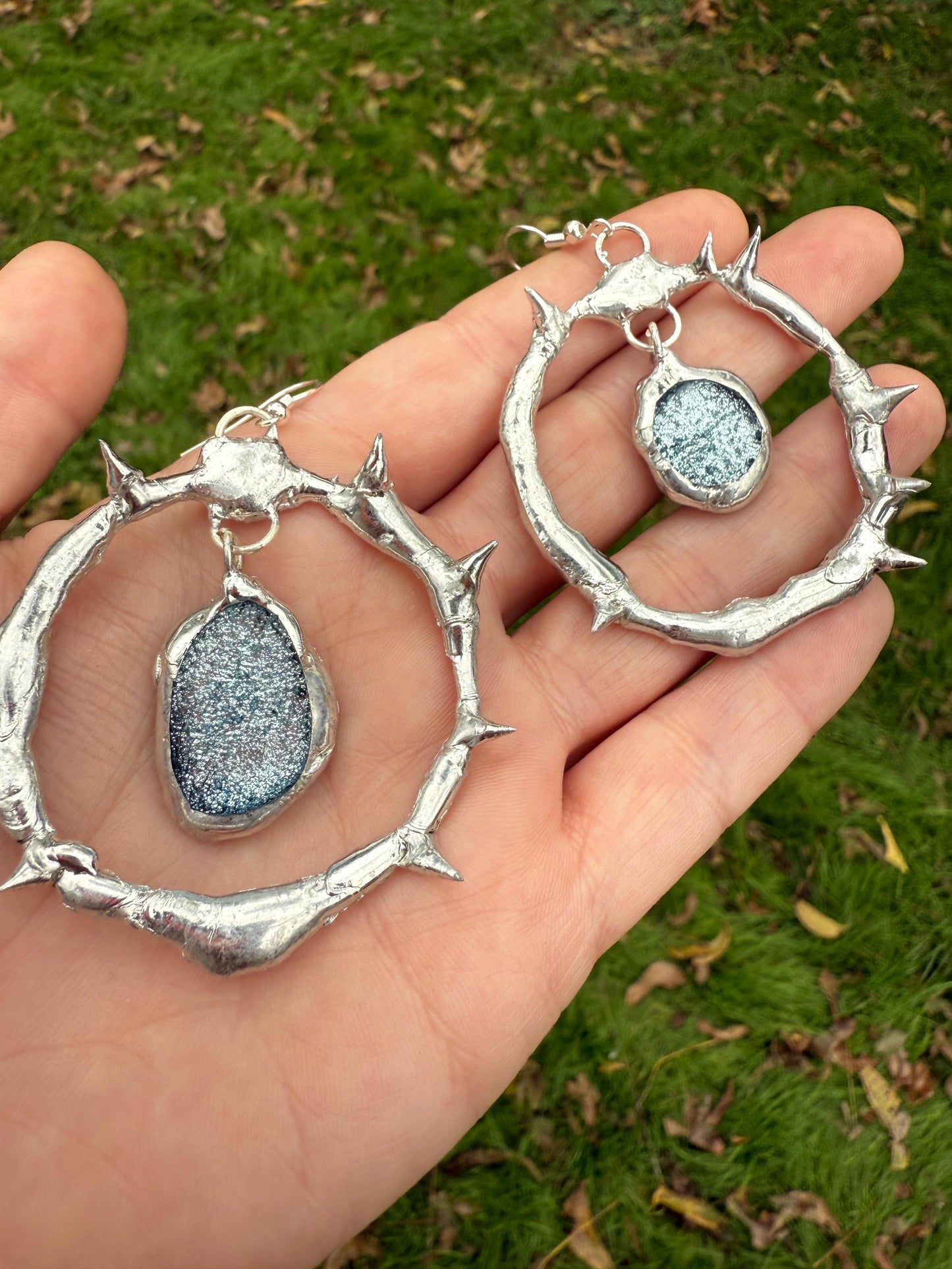 Spikey Silver Hoop Earrings w/ Gray Fused Glass | Goth Gemstone Soft Soldered Wearable Sculptures