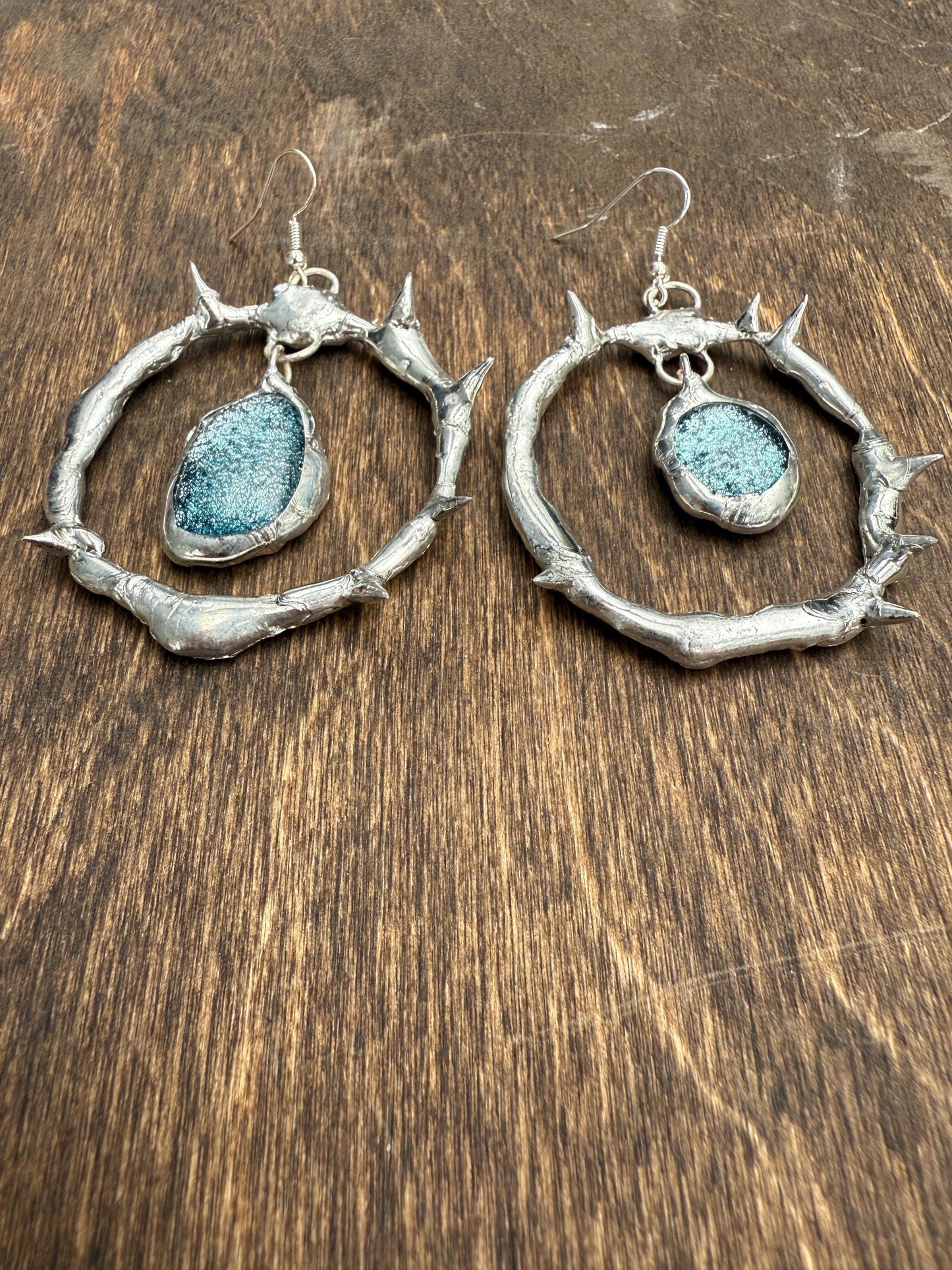 Spikey Silver Hoop Earrings w/ Gray Fused Glass | Goth Gemstone Soft Soldered Wearable Sculptures