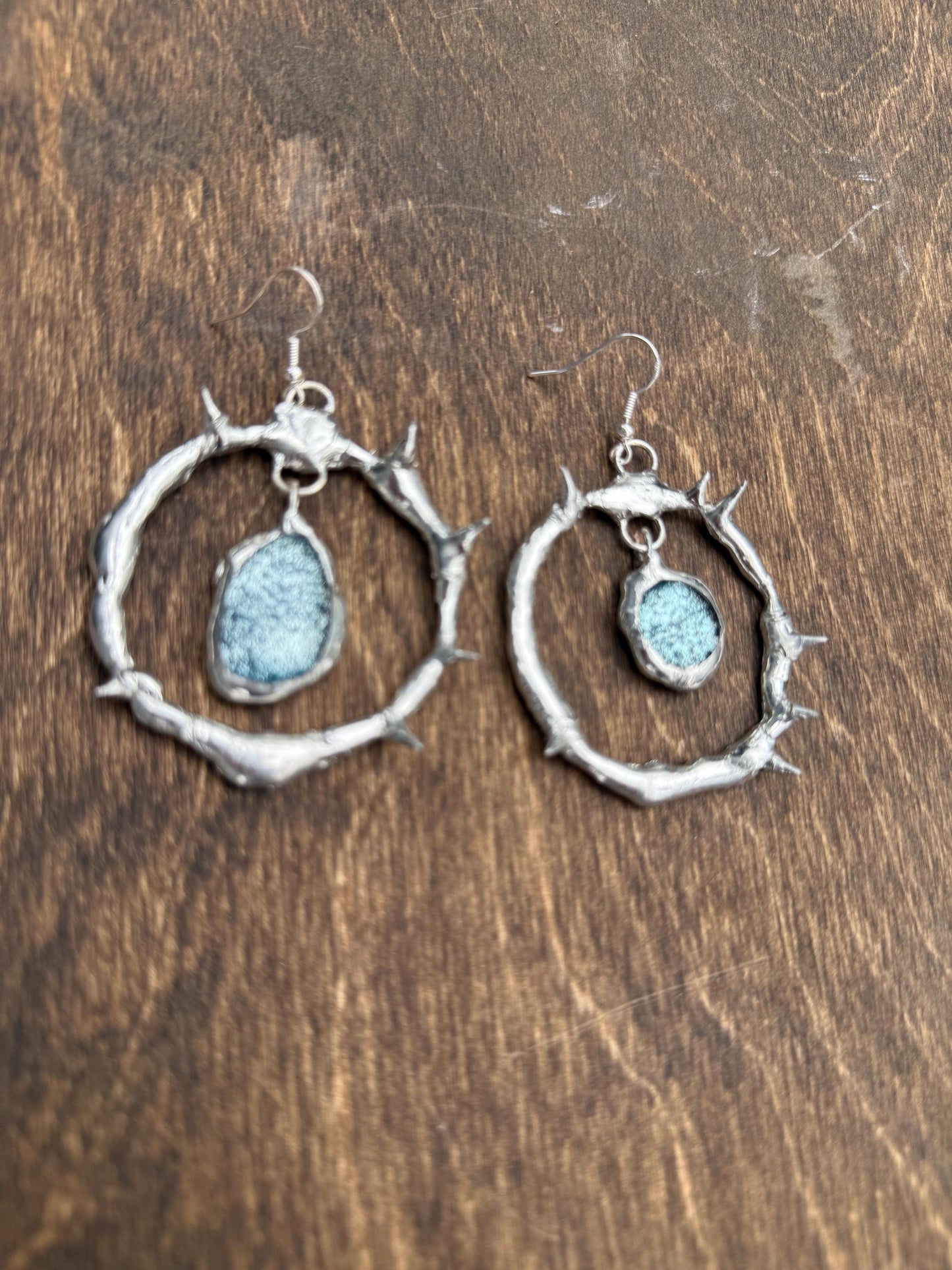 Spikey Silver Hoop Earrings w/ Gray Fused Glass | Goth Gemstone Soft Soldered Wearable Sculptures