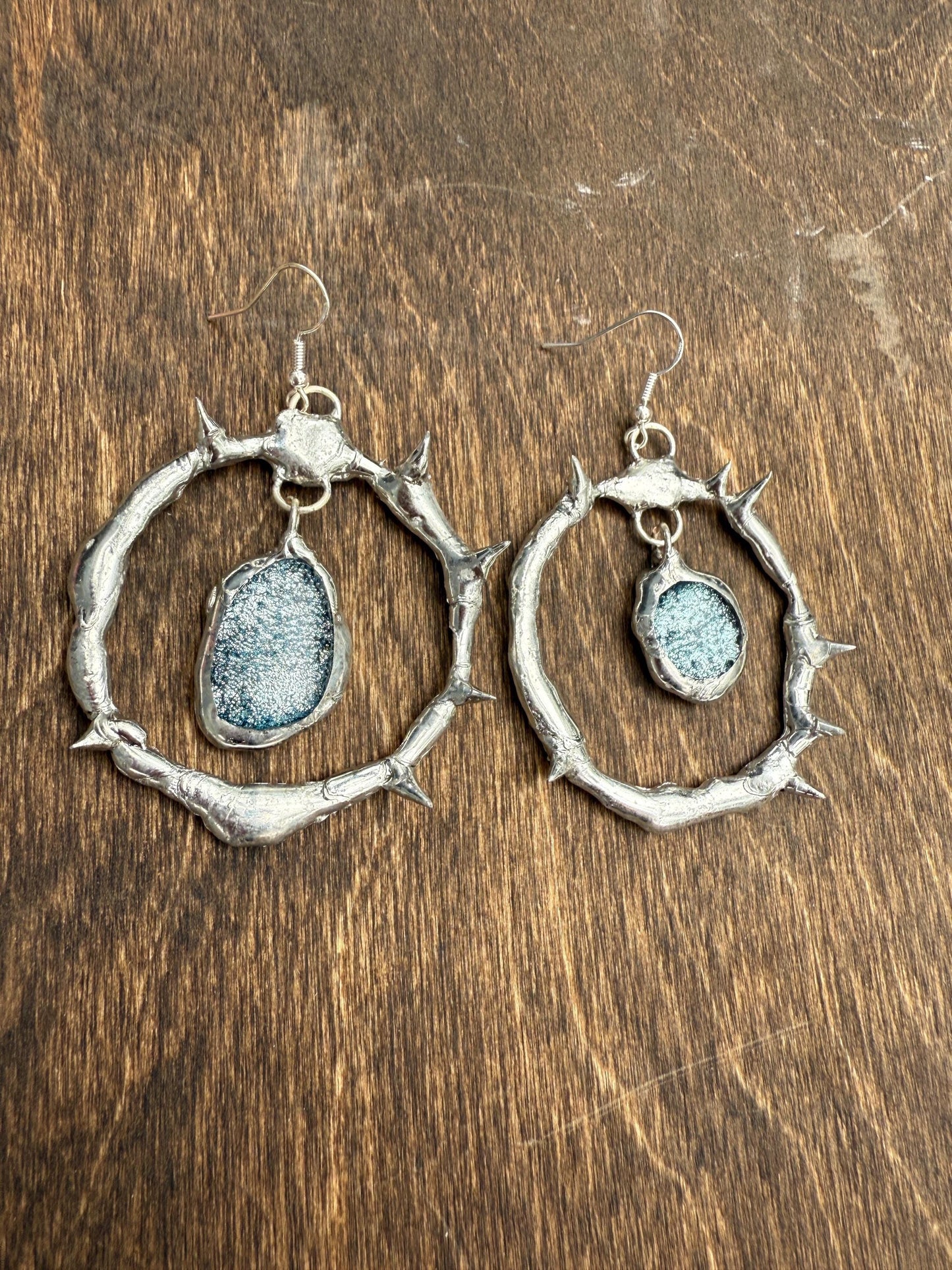 Spikey Silver Hoop Earrings w/ Gray Fused Glass | Goth Gemstone Soft Soldered Wearable Sculptures