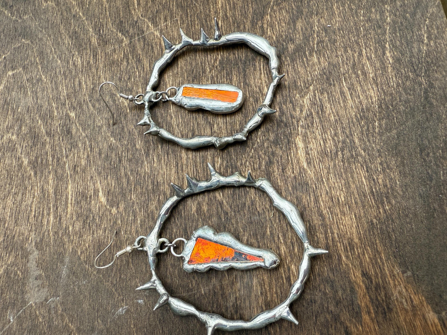 Spikey Silver Hoop Earrings w/ Orange Stained Glass | Cyber Iridescent Soft Soldered Wearable Sculptures
