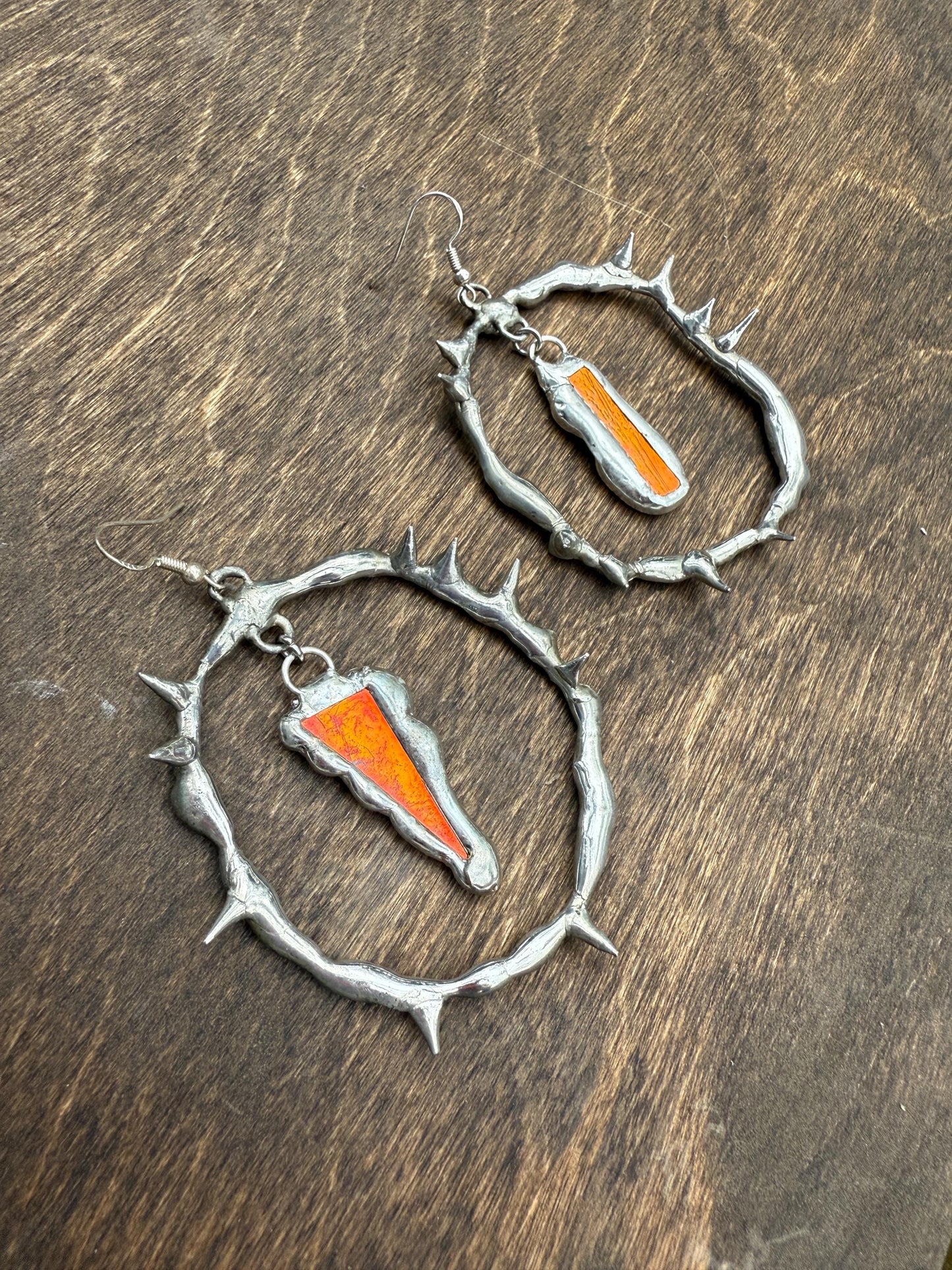Spikey Silver Hoop Earrings w/ Orange Stained Glass | Cyber Iridescent Soft Soldered Wearable Sculptures