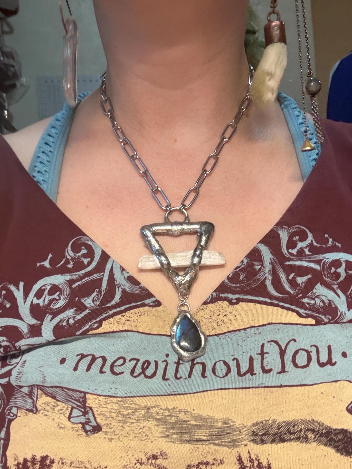 Labradorite + Celestite Triangle Statement Necklace | Soft Soldered Gemstone Alchemy for the Whimsigoth Babe