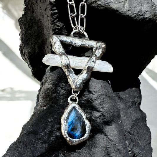 Labradorite + Celestite Triangle Statement Necklace | Soft Soldered Gemstone Alchemy for the Whimsigoth Babe
