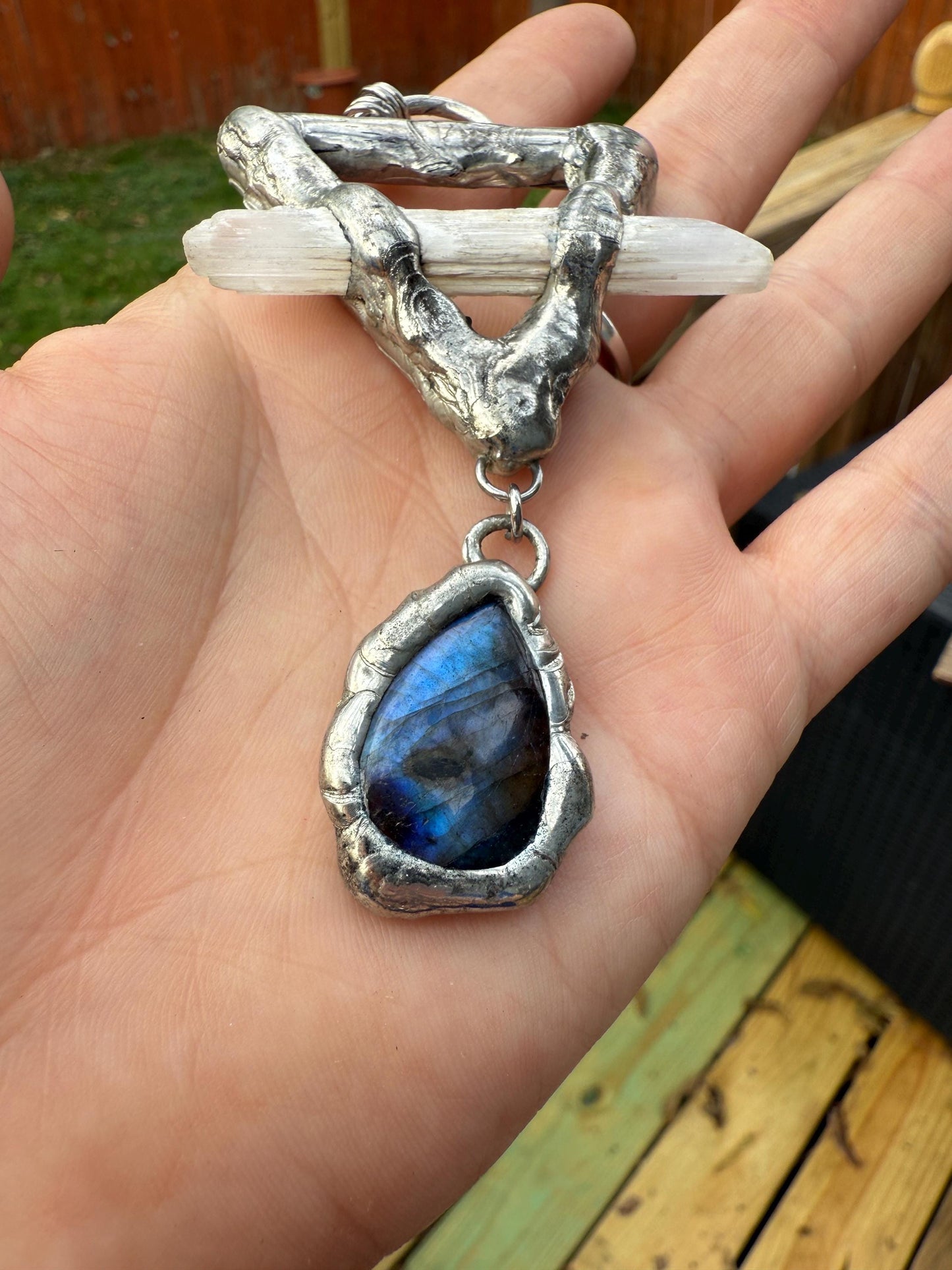 Labradorite + Celestite Triangle Statement Necklace | Soft Soldered Gemstone Alchemy for the Whimsigoth Babe