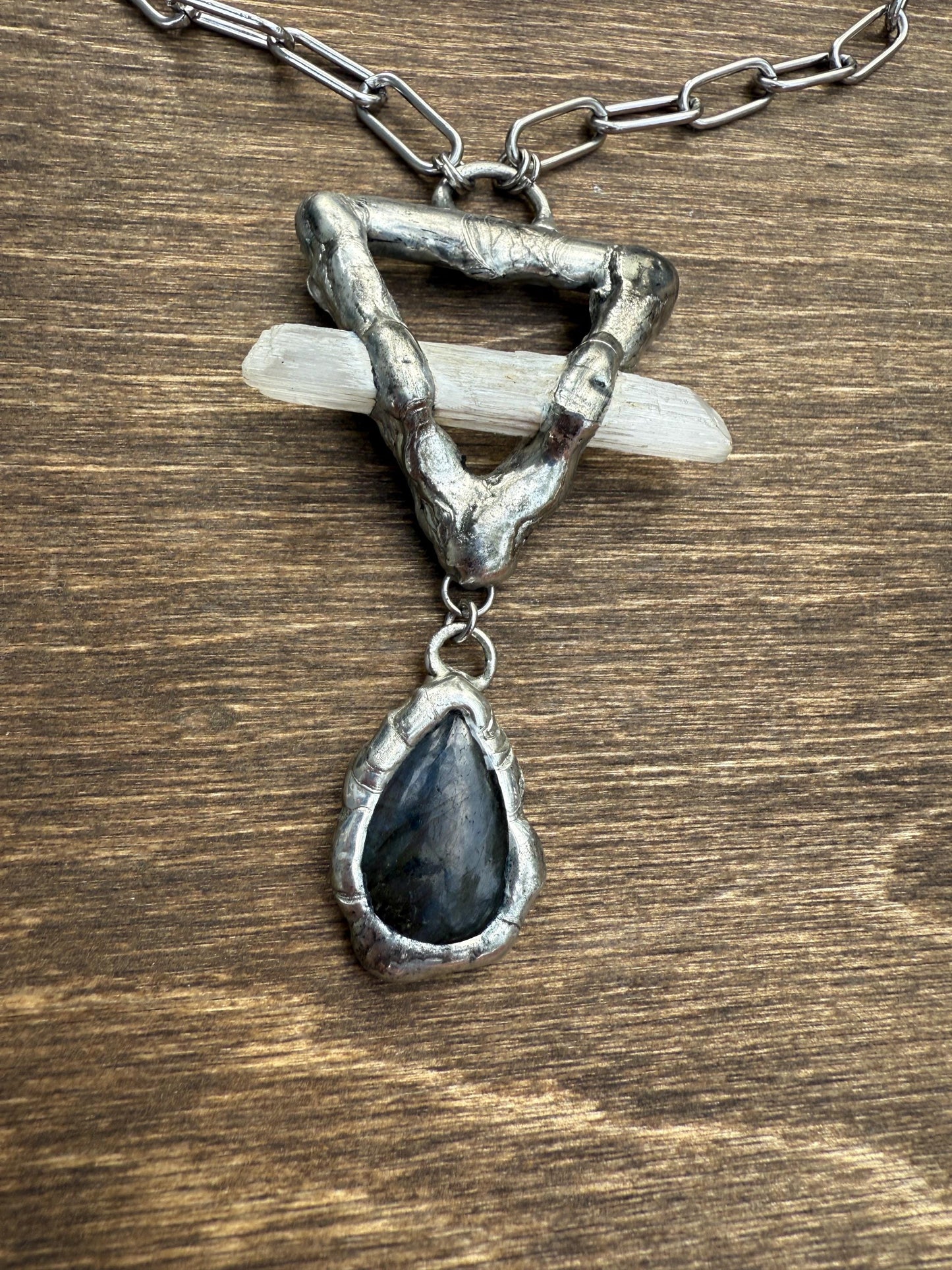 Labradorite + Celestite Triangle Statement Necklace | Soft Soldered Gemstone Alchemy for the Whimsigoth Babe