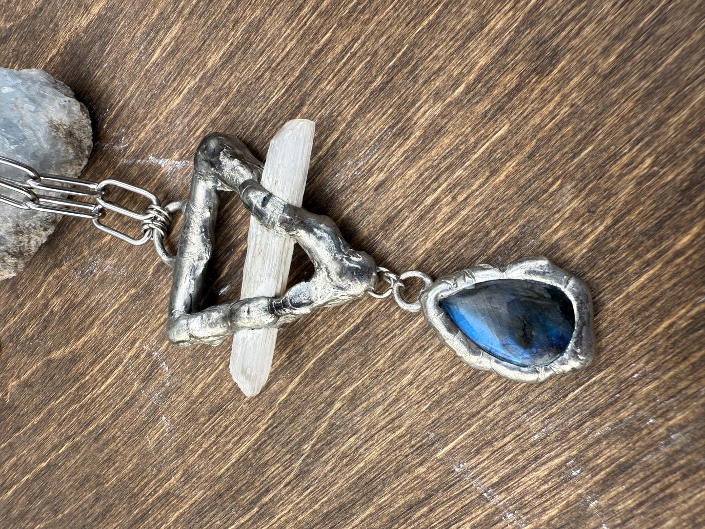 Labradorite + Celestite Triangle Statement Necklace | Soft Soldered Gemstone Alchemy for the Whimsigoth Babe