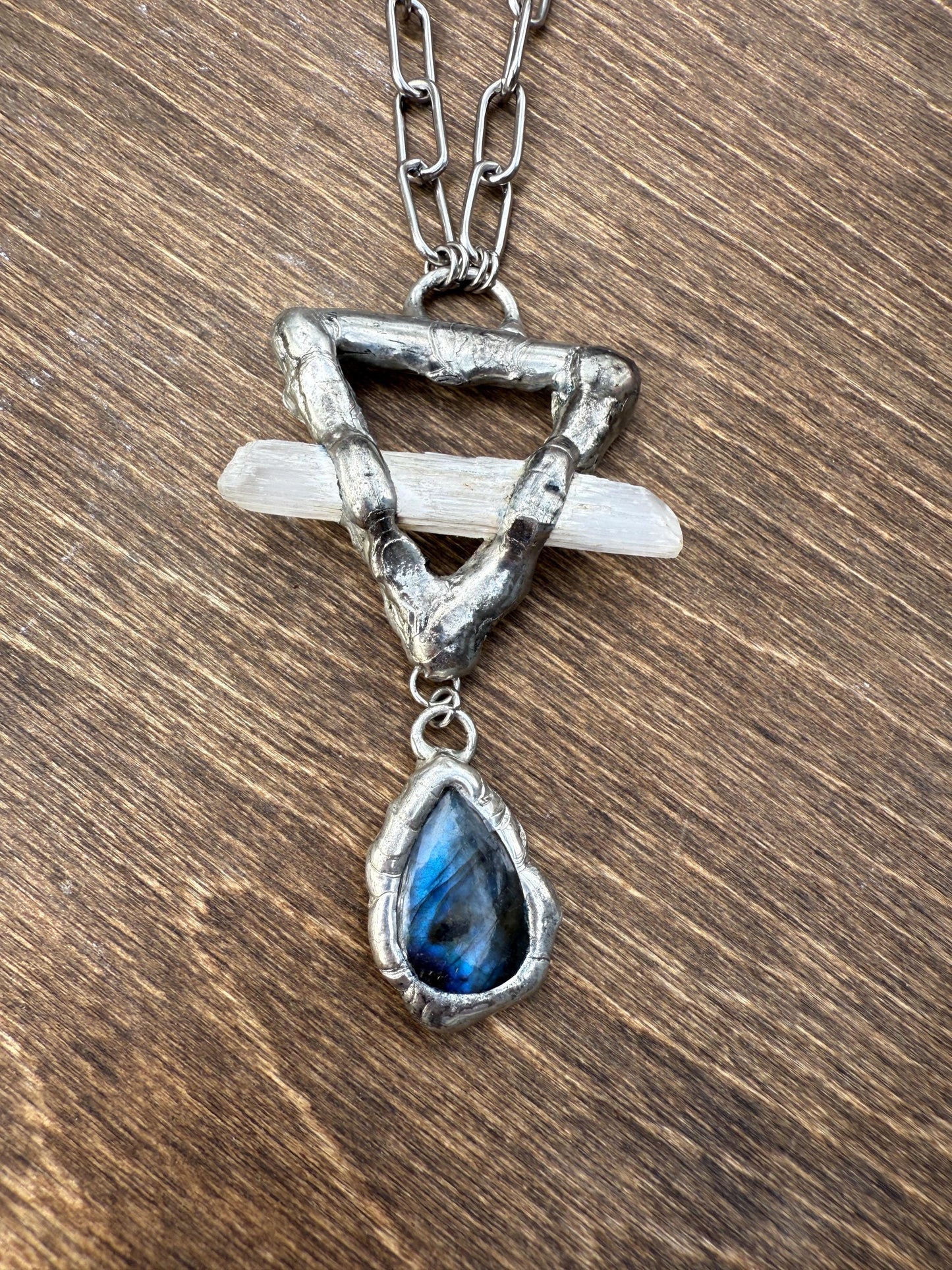 Labradorite + Celestite Triangle Statement Necklace | Soft Soldered Gemstone Alchemy for the Whimsigoth Babe