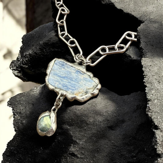Labradorite + Kyanite Triangle Statement Necklace | Soft Soldered Gemstone Alchemy for the Whimsigoth Babe