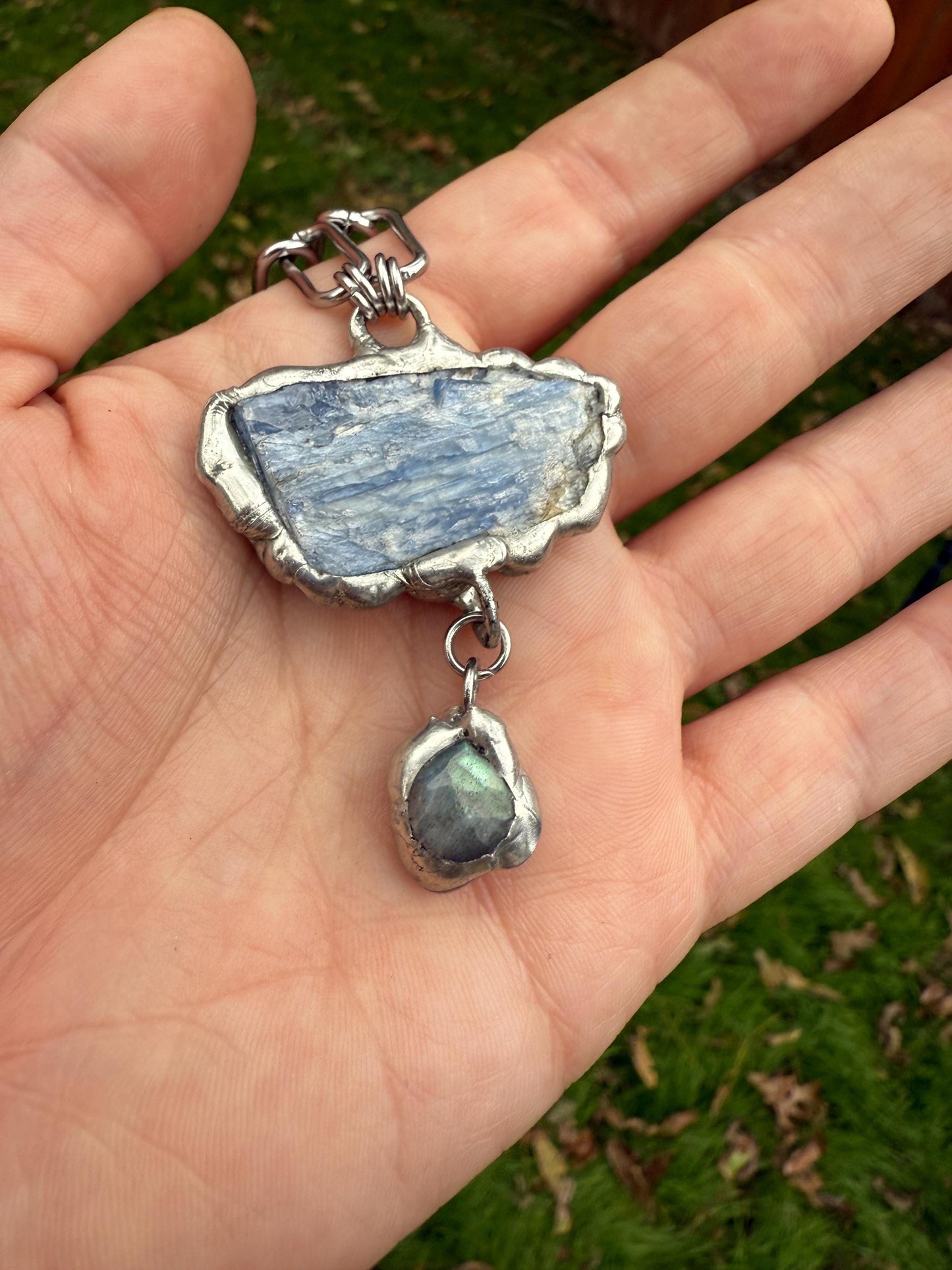 Labradorite + Kyanite Triangle Statement Necklace | Soft Soldered Gemstone Alchemy for the Whimsigoth Babe