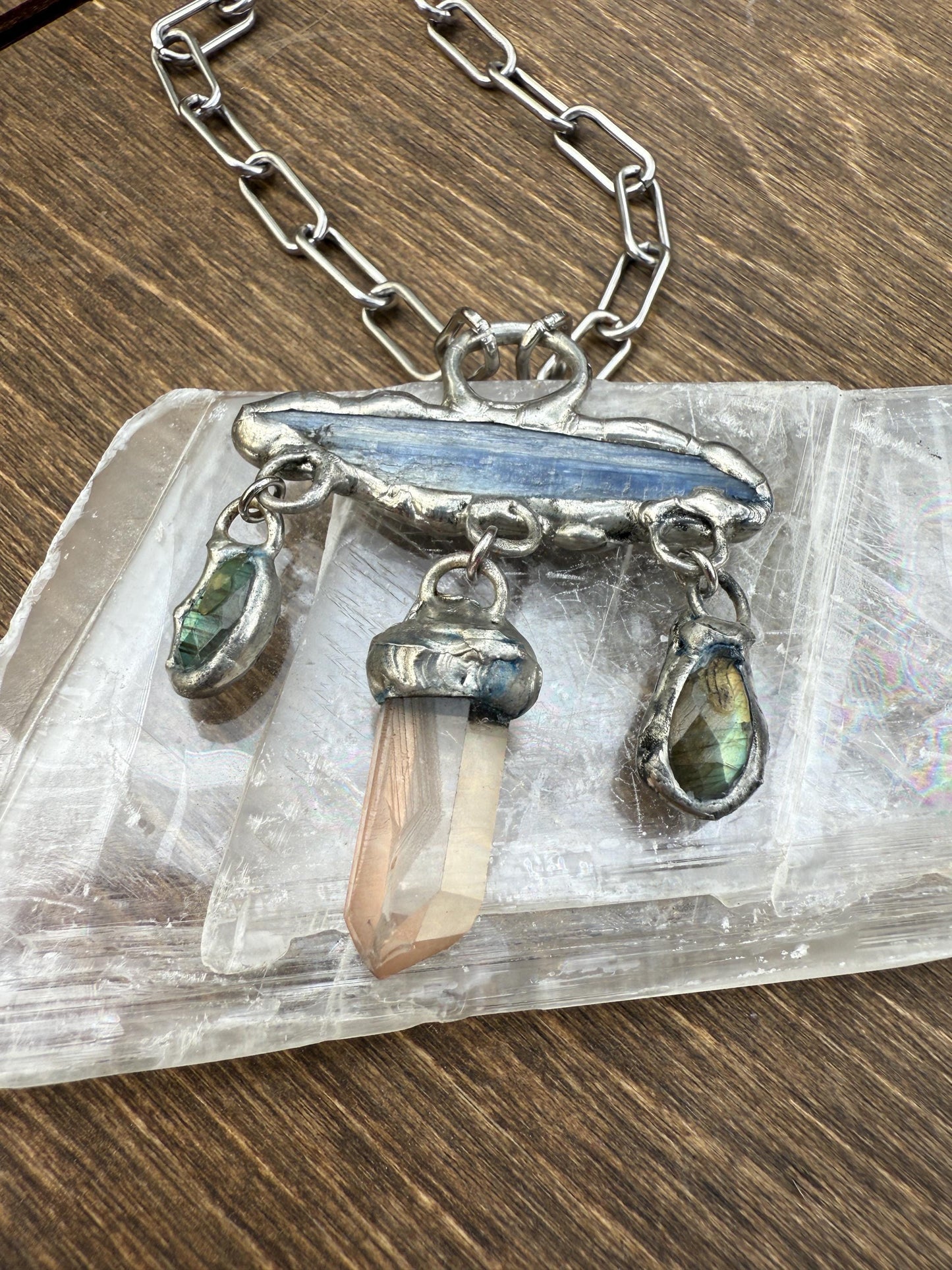 Kyanite, Labradorite + Tangerine Quartz Statement Necklace | Soft Soldered Gemstone Alchemy for the Whimsigoth Babe