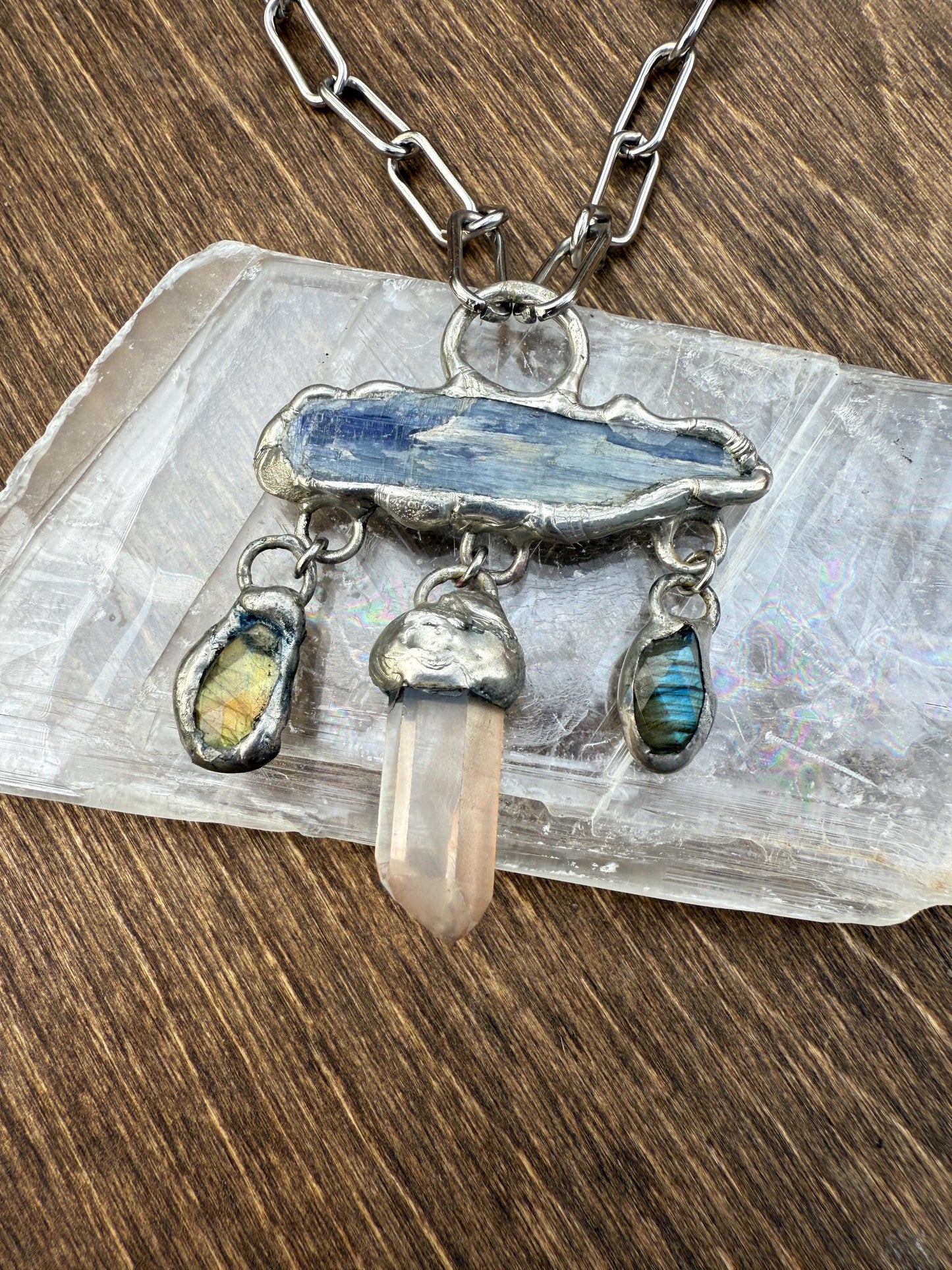 Kyanite, Labradorite + Tangerine Quartz Statement Necklace | Soft Soldered Gemstone Alchemy for the Whimsigoth Babe