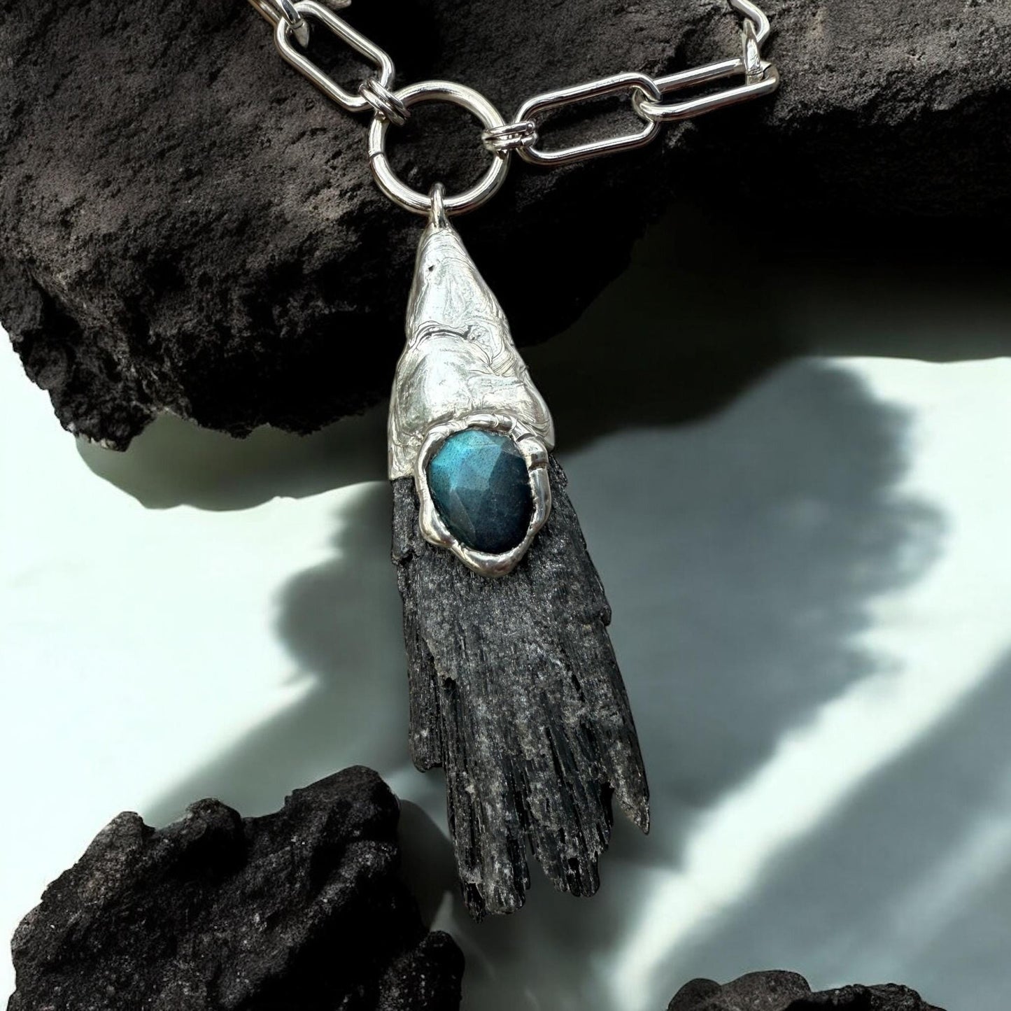 Labradorite + Black Kyanite Statement Necklace | Soft Soldered Gemstone Alchemy for the Whimsigoth Babe