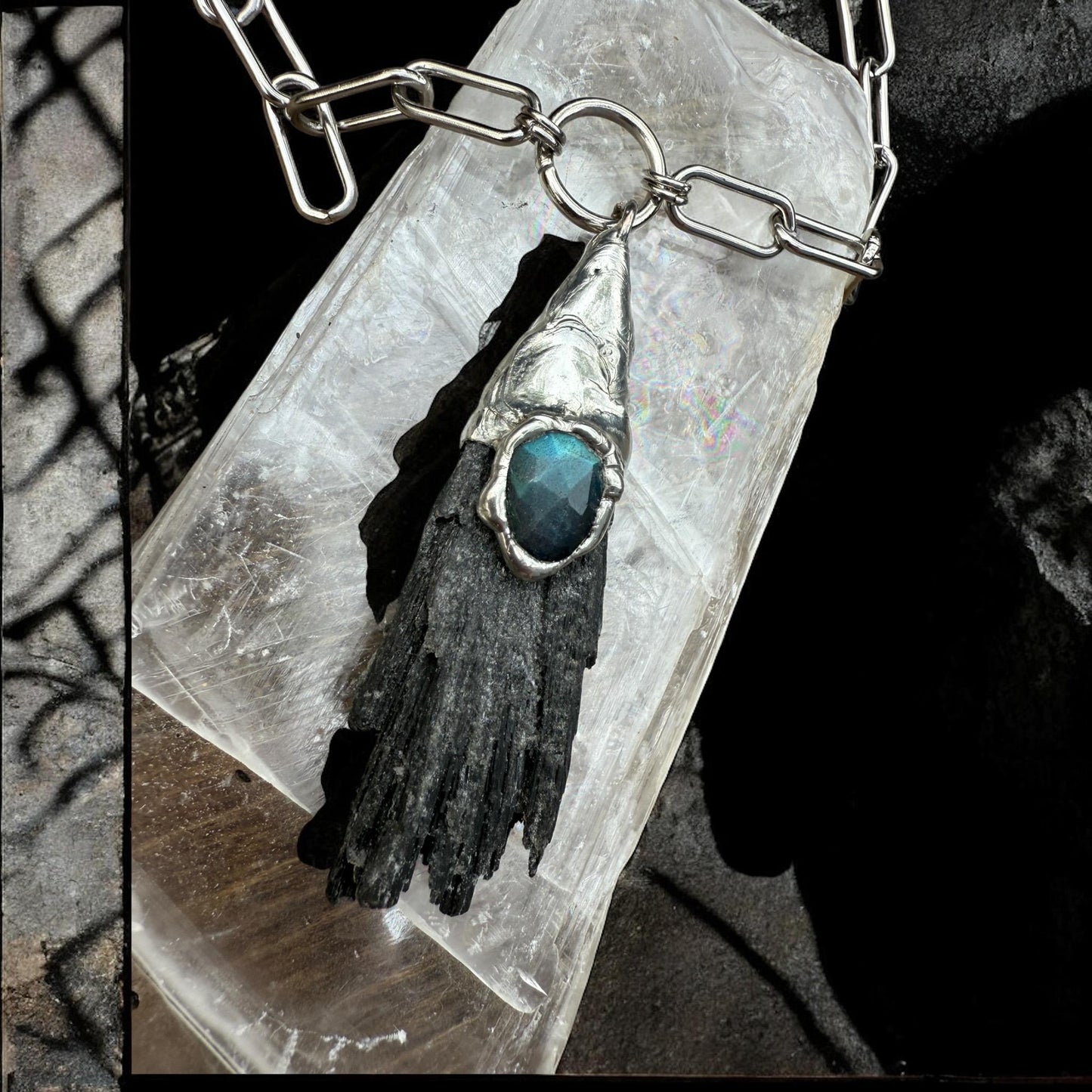 Labradorite + Black Kyanite Statement Necklace | Soft Soldered Gemstone Alchemy for the Whimsigoth Babe