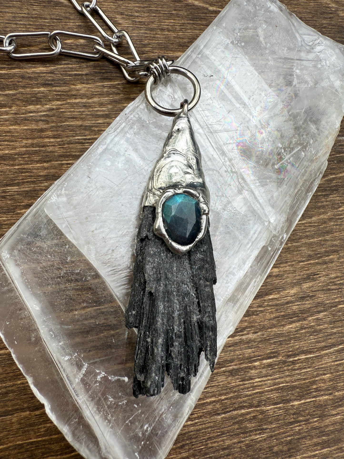 Labradorite + Black Kyanite Statement Necklace | Soft Soldered Gemstone Alchemy for the Whimsigoth Babe