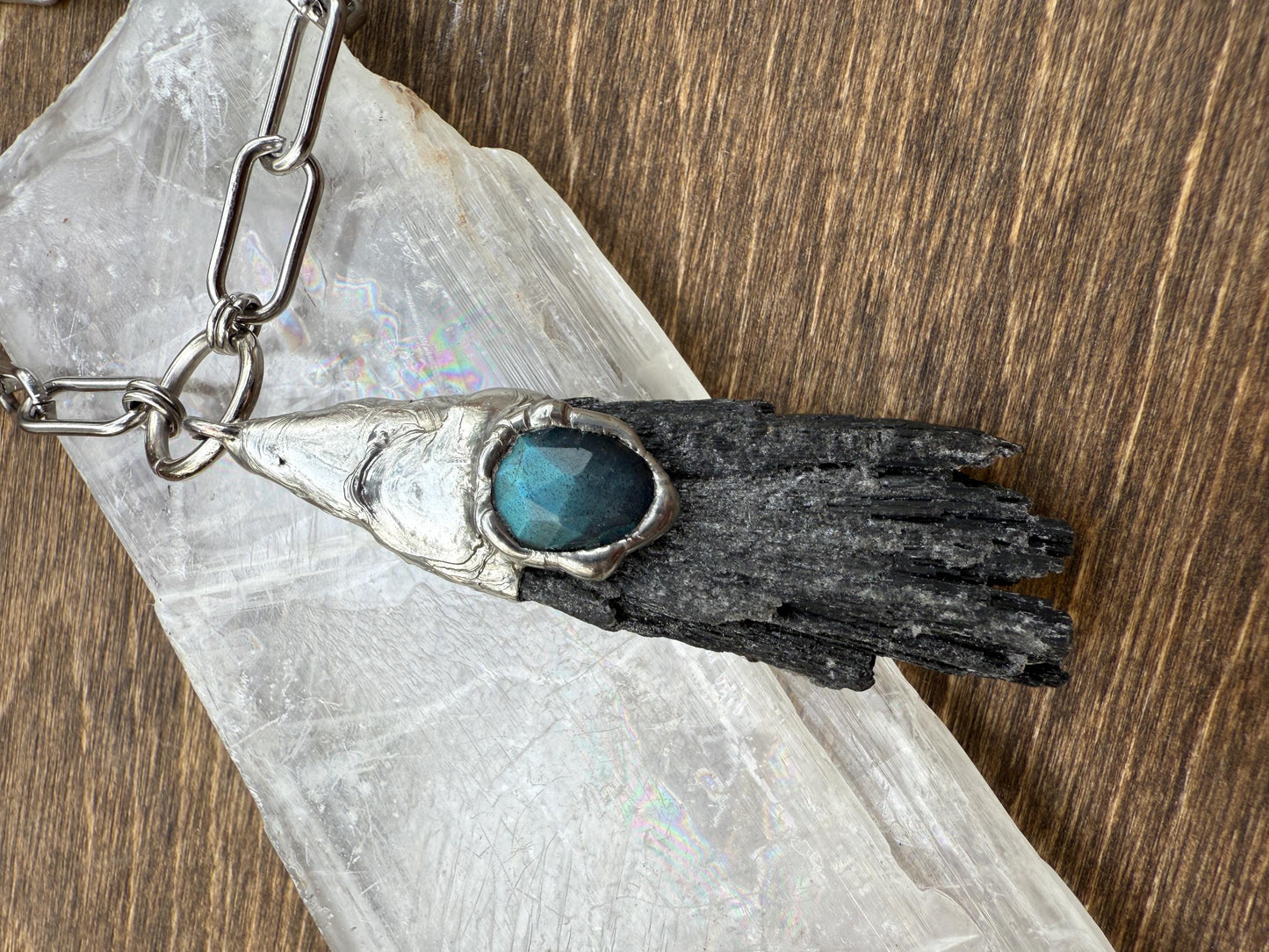 Labradorite + Black Kyanite Statement Necklace | Soft Soldered Gemstone Alchemy for the Whimsigoth Babe