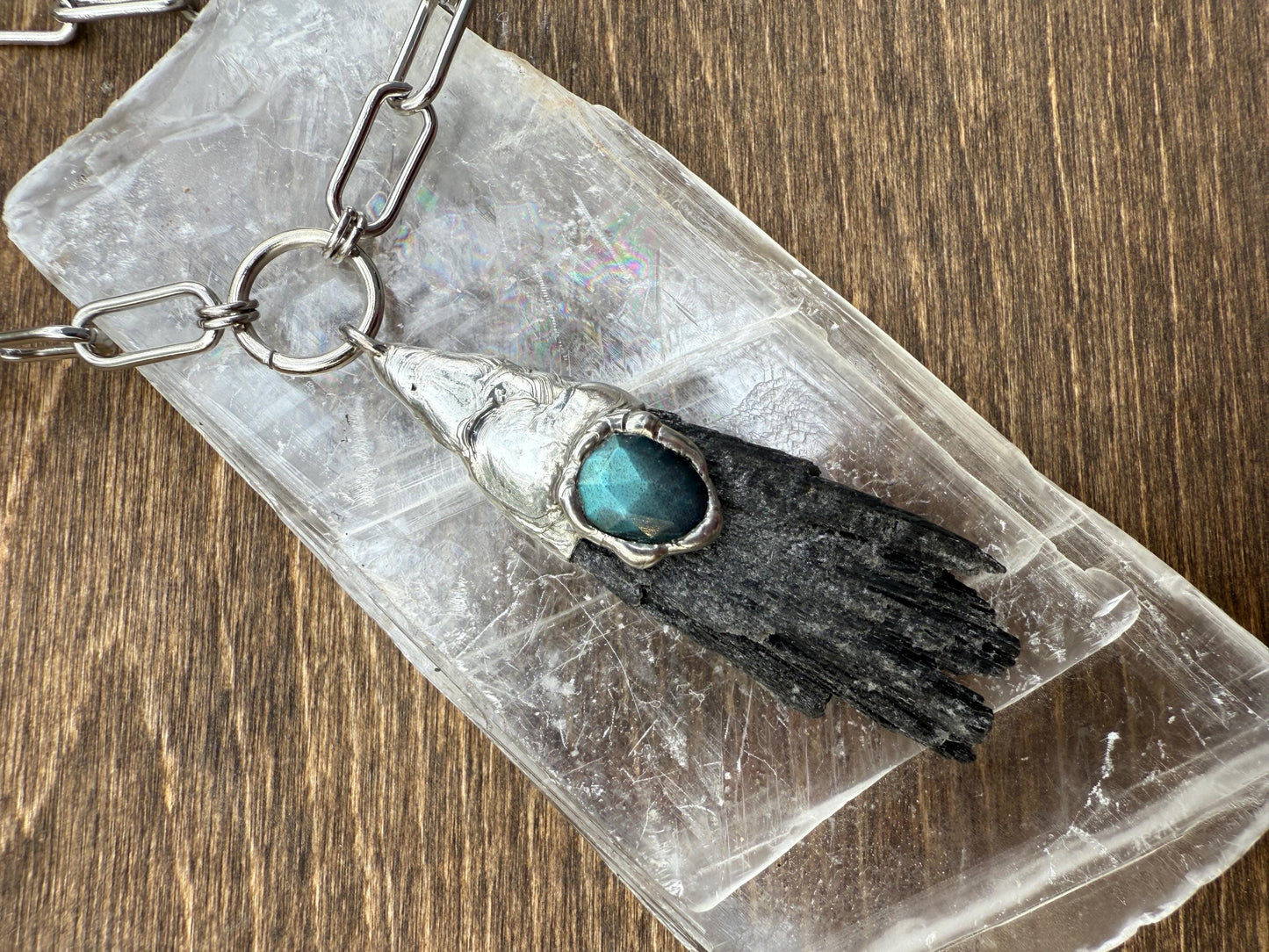 Labradorite + Black Kyanite Statement Necklace | Soft Soldered Gemstone Alchemy for the Whimsigoth Babe