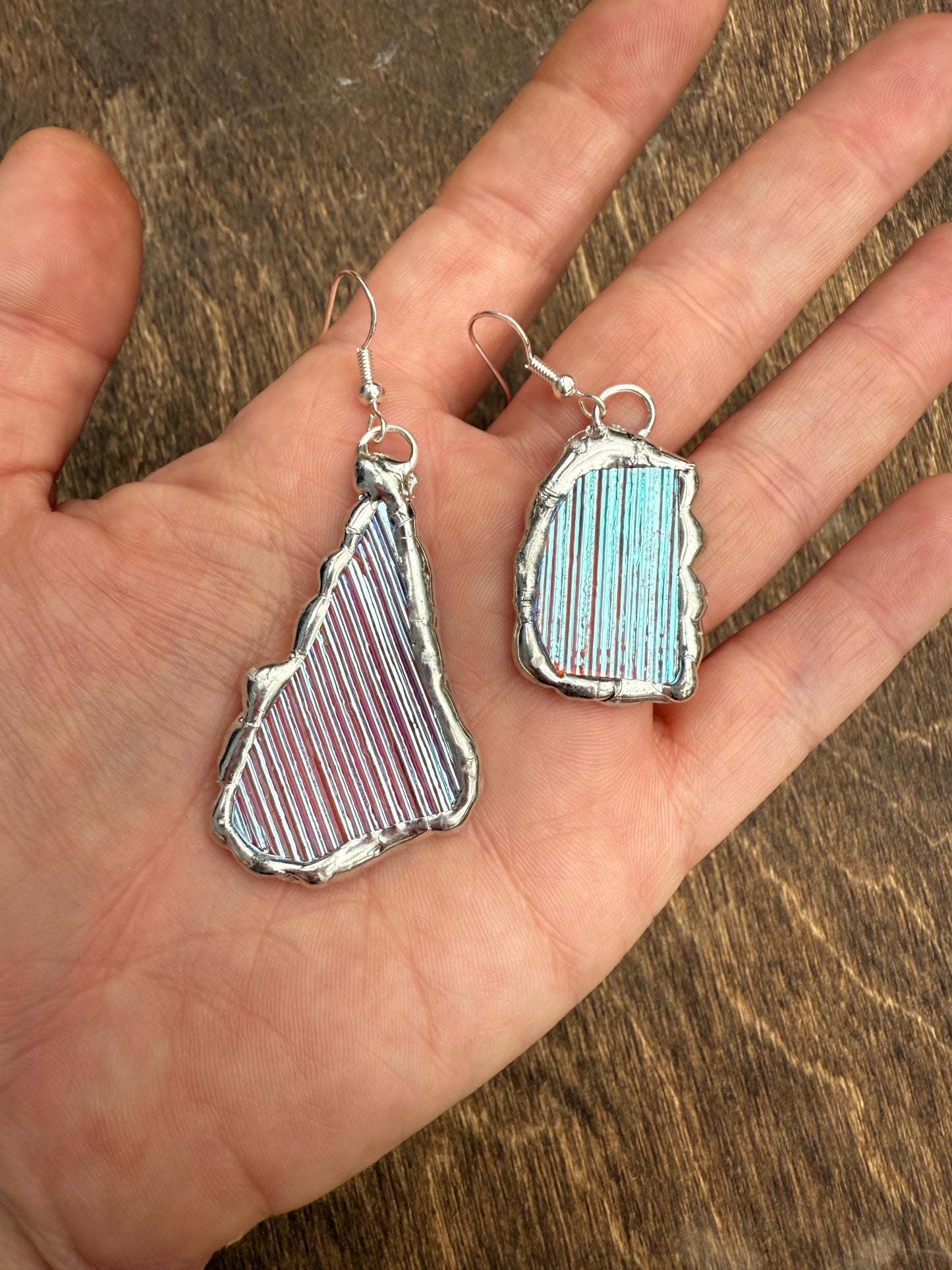 Baby Blue Iridescent Stained Glass Earrings | Handmade, Mismatched, Abstract, Wearable Sculptures