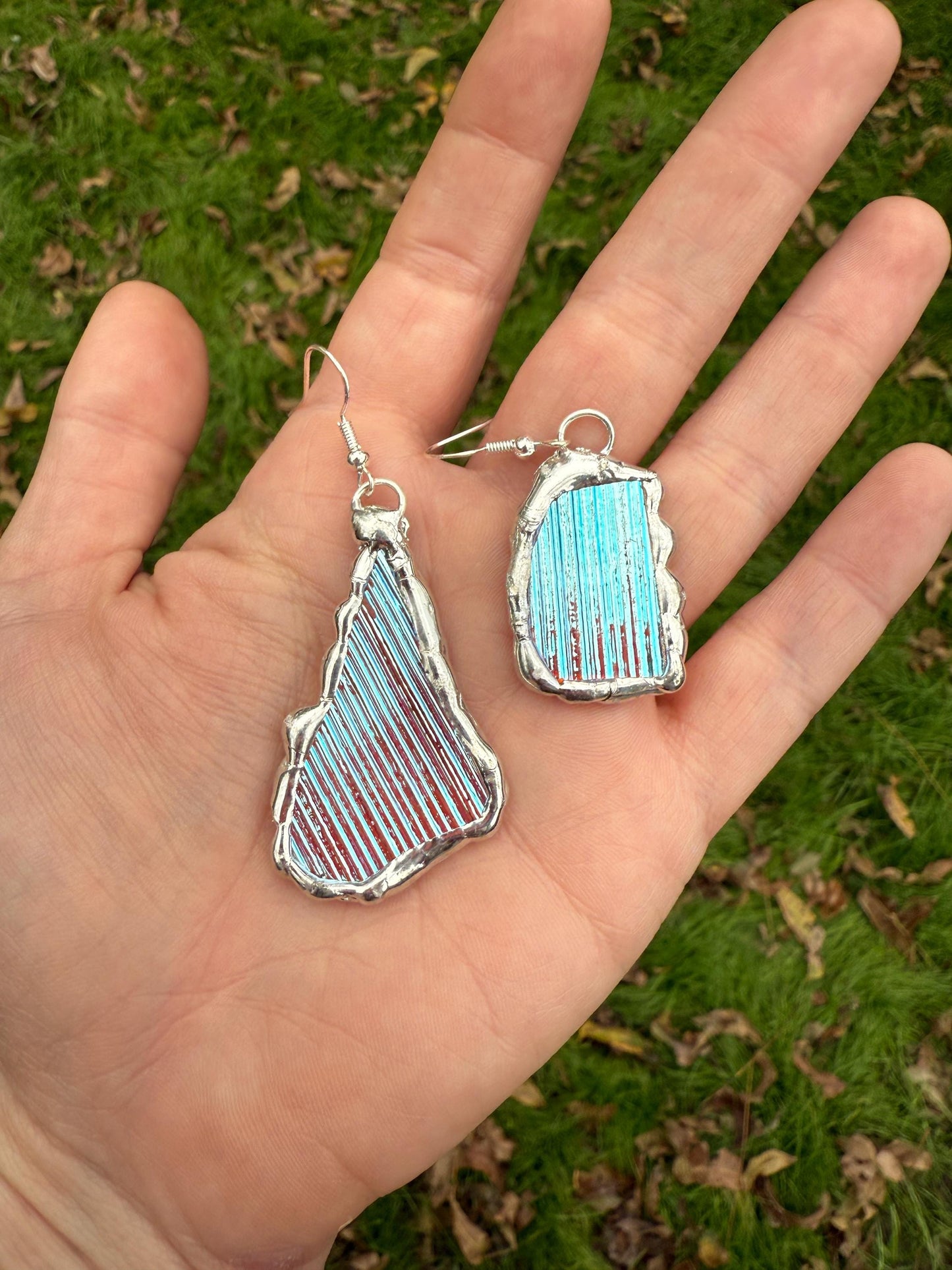 Baby Blue Iridescent Stained Glass Earrings | Handmade, Mismatched, Abstract, Wearable Sculptures