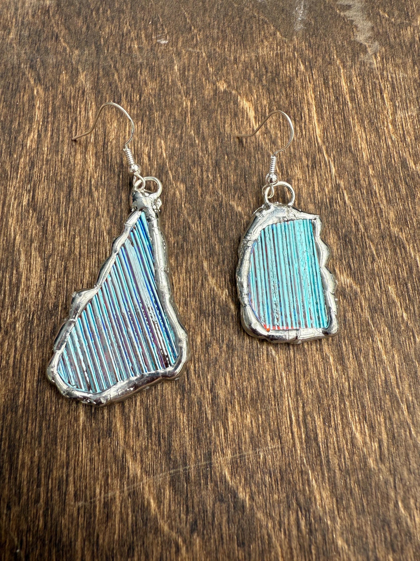 Baby Blue Iridescent Stained Glass Earrings | Handmade, Mismatched, Abstract, Wearable Sculptures