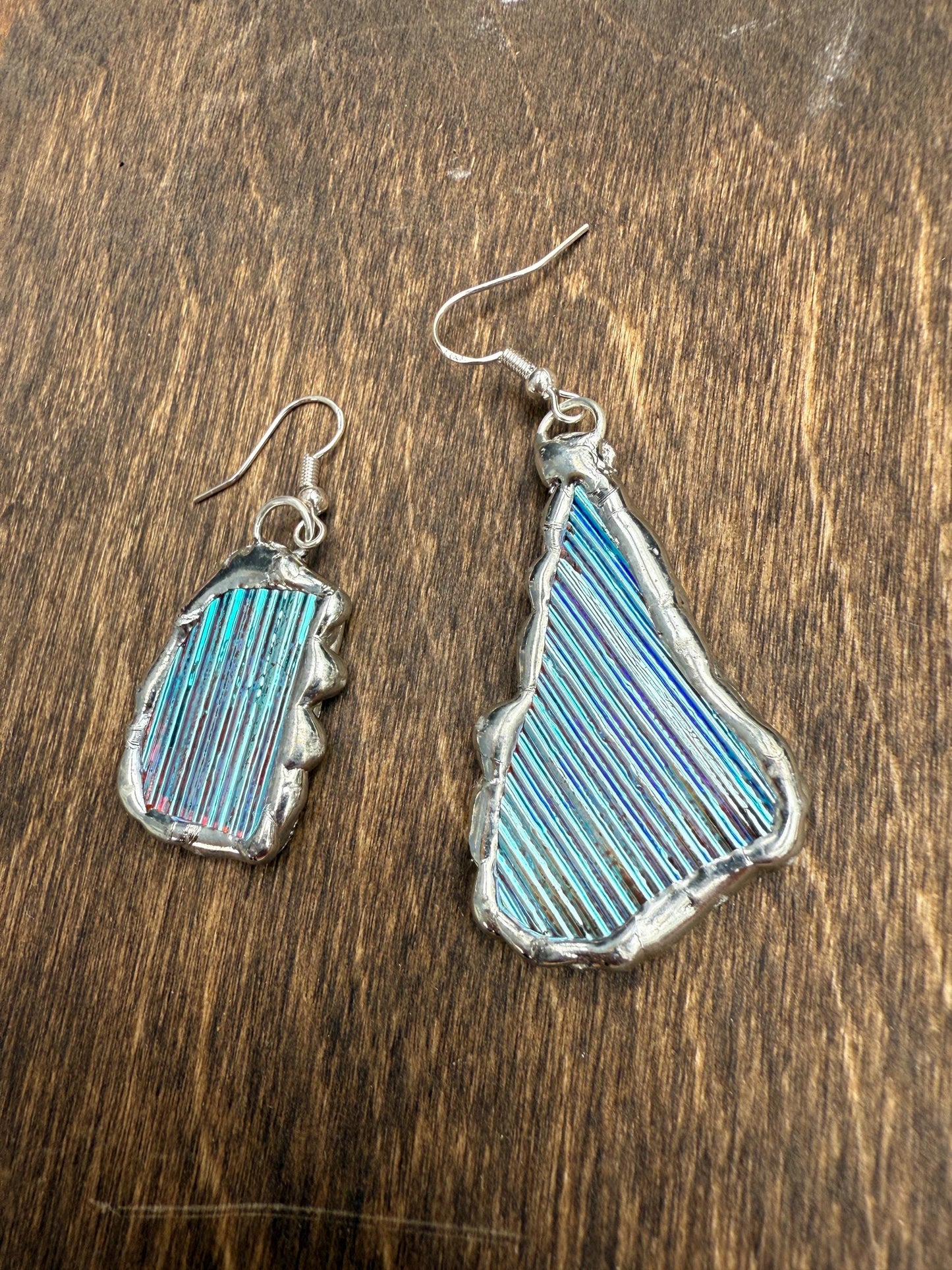 Baby Blue Iridescent Stained Glass Earrings | Handmade, Mismatched, Abstract, Wearable Sculptures