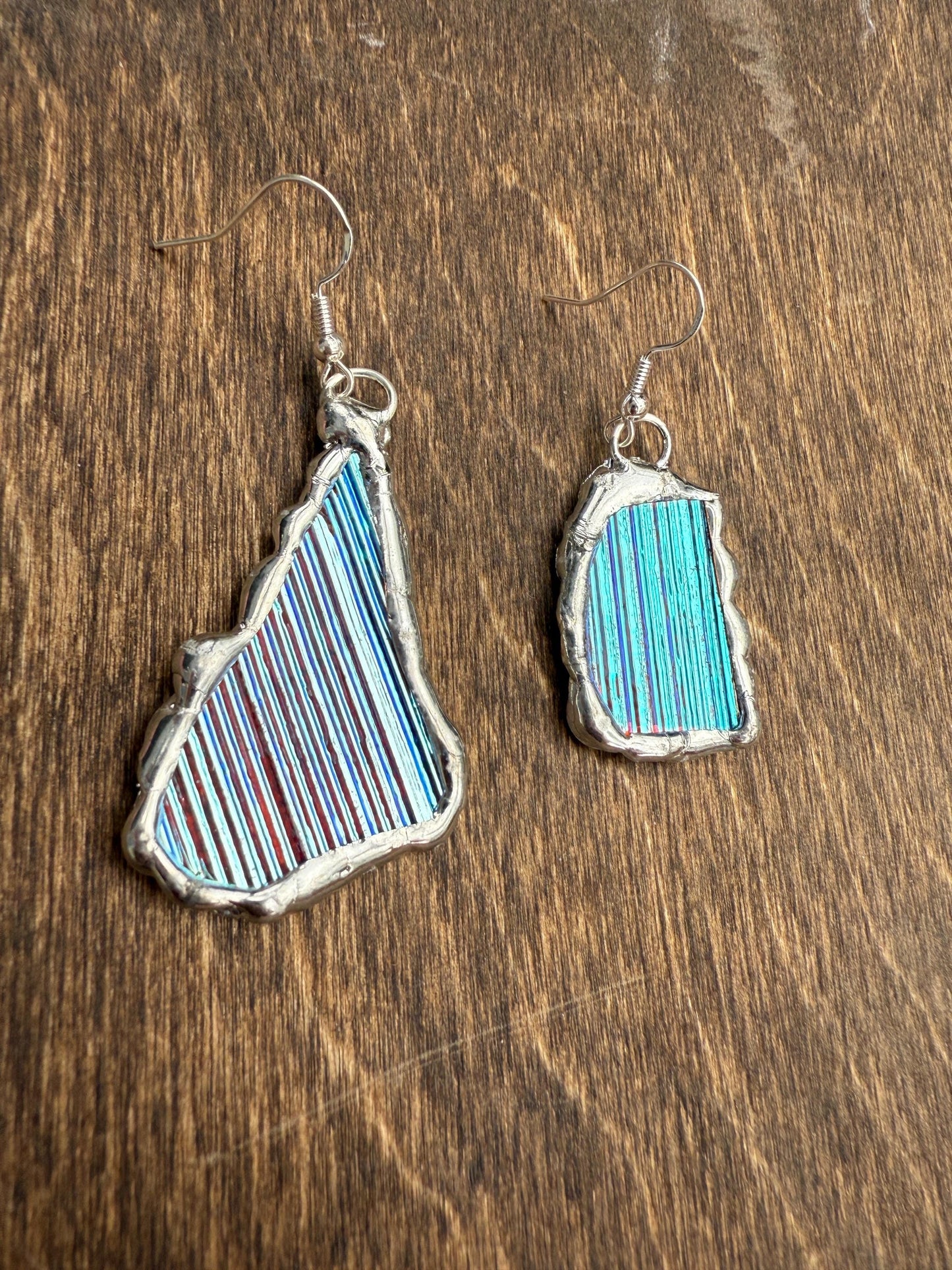 Baby Blue Iridescent Stained Glass Earrings | Handmade, Mismatched, Abstract, Wearable Sculptures