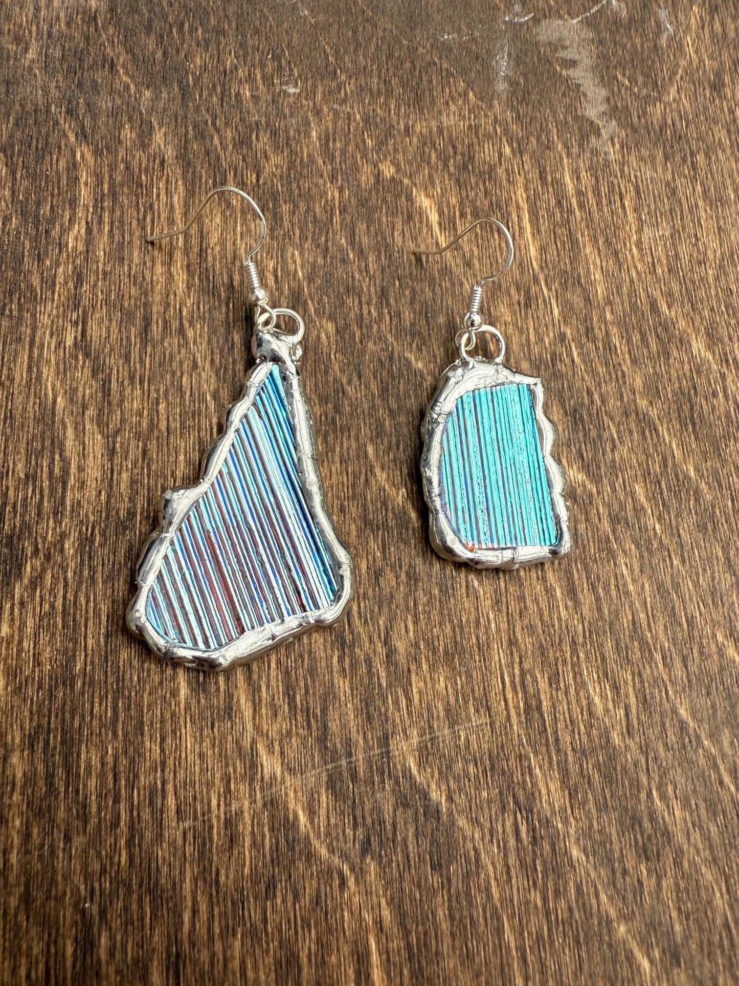 Baby Blue Iridescent Stained Glass Earrings | Handmade, Mismatched, Abstract, Wearable Sculptures