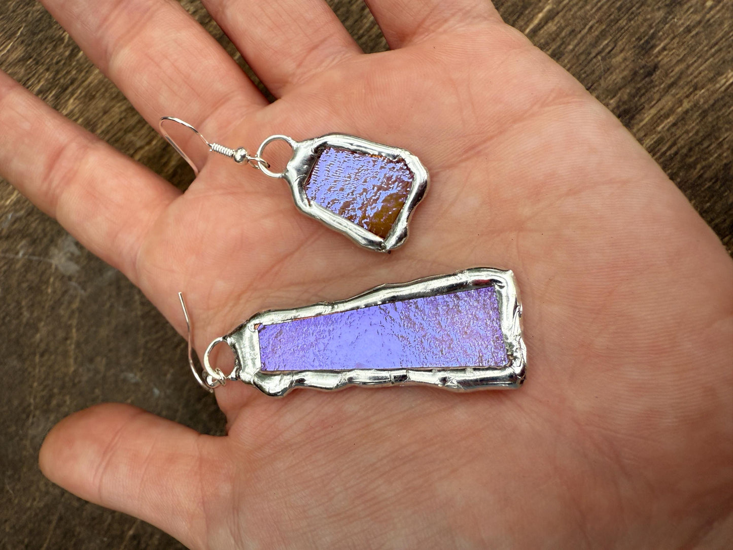 Purple Iridescent Stained Glass Earrings | Handmade, Mismatched, Abstract, Wearable Sculptures