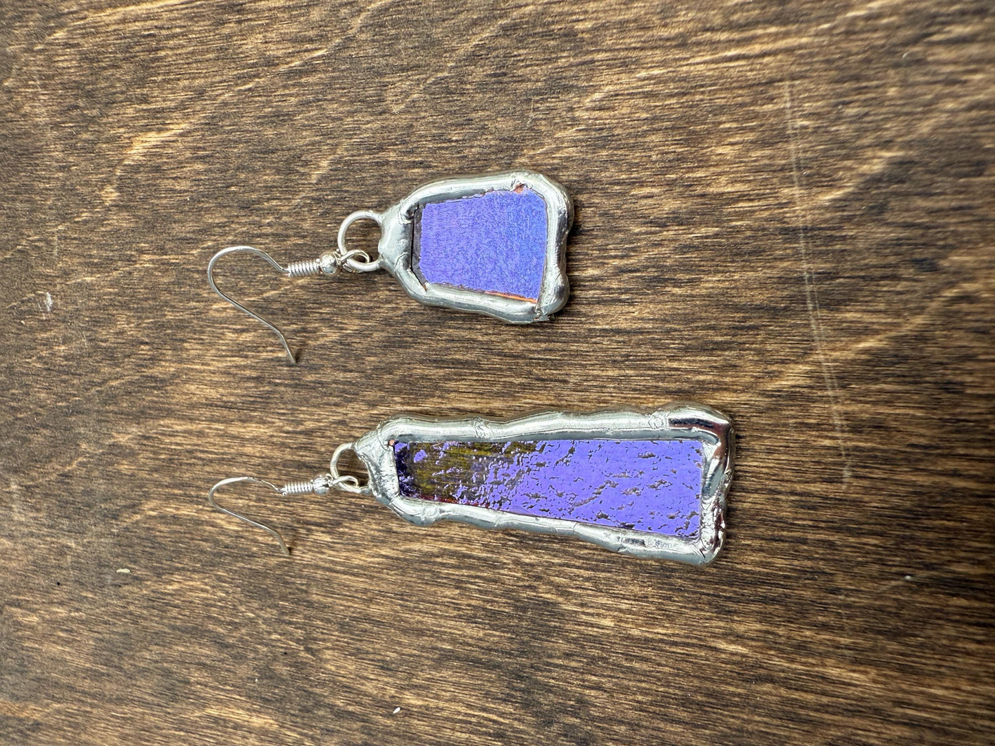 Purple Iridescent Stained Glass Earrings | Handmade, Mismatched, Abstract, Wearable Sculptures