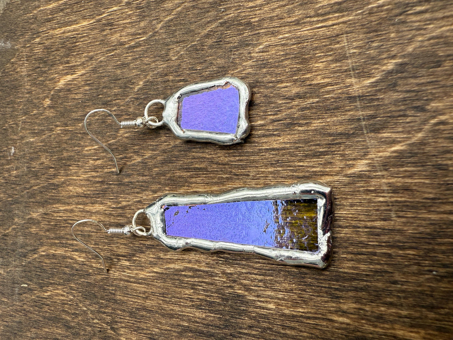 Purple Iridescent Stained Glass Earrings | Handmade, Mismatched, Abstract, Wearable Sculptures