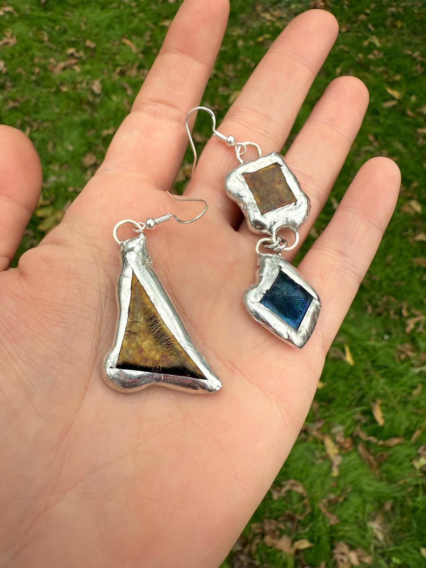 Gold + Blue Iridescent Fused Glass Earrings | Mismatched, Abstract, Wearable Sculptures