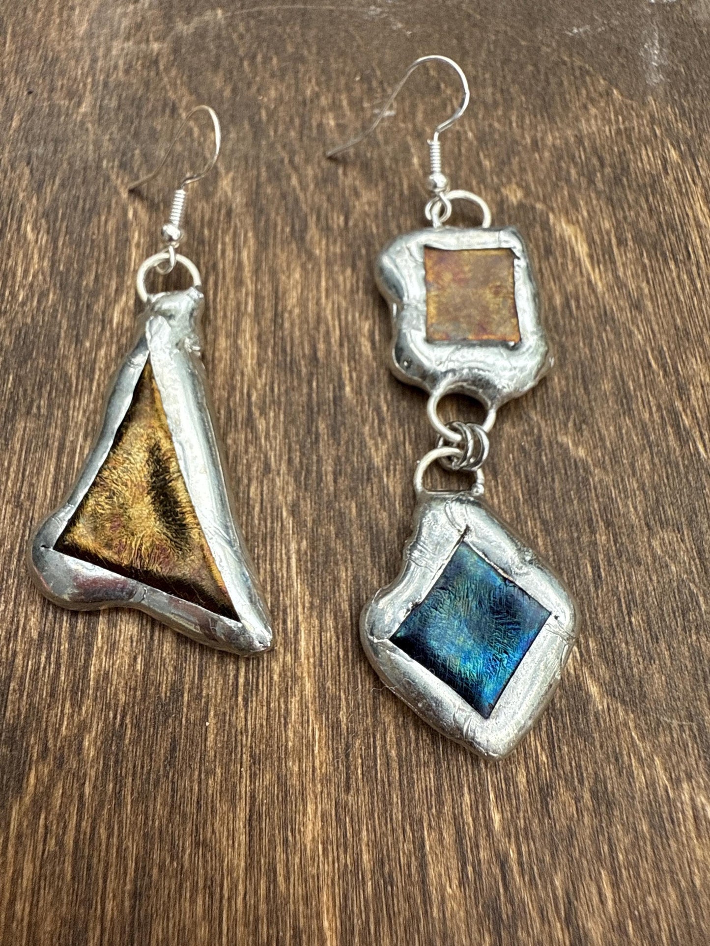 Gold + Blue Iridescent Fused Glass Earrings | Mismatched, Abstract, Wearable Sculptures