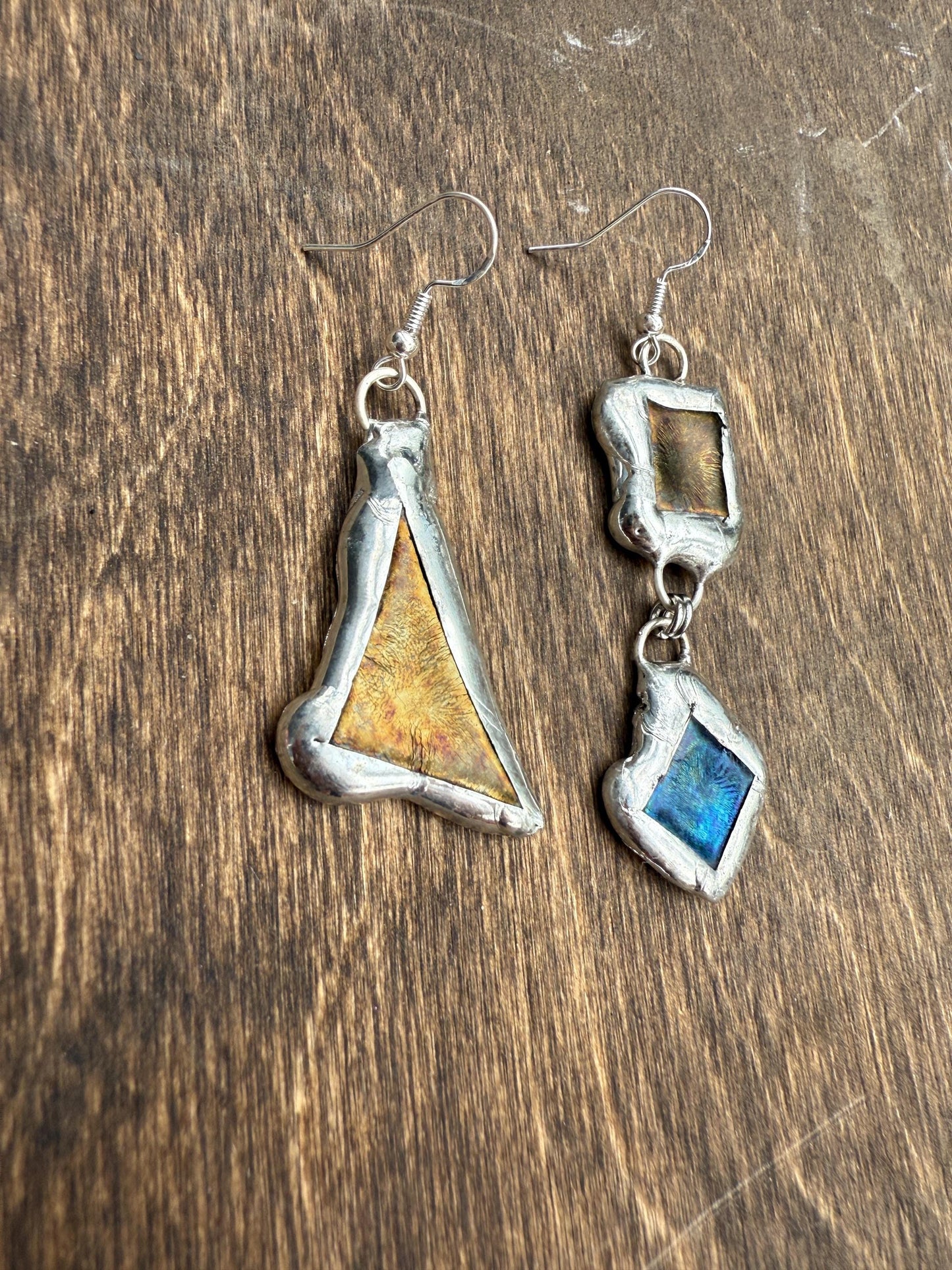 Gold + Blue Iridescent Fused Glass Earrings | Mismatched, Abstract, Wearable Sculptures