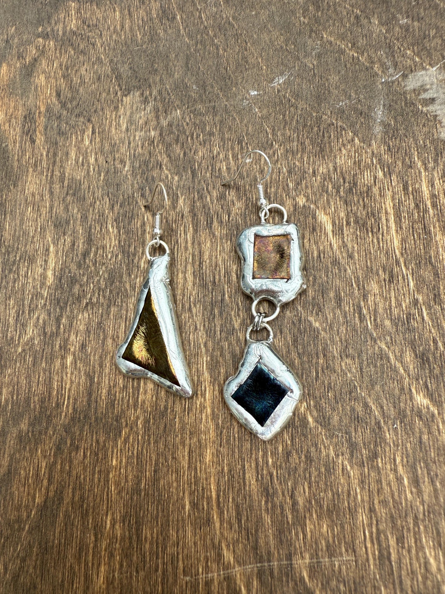 Gold + Blue Iridescent Fused Glass Earrings | Mismatched, Abstract, Wearable Sculptures